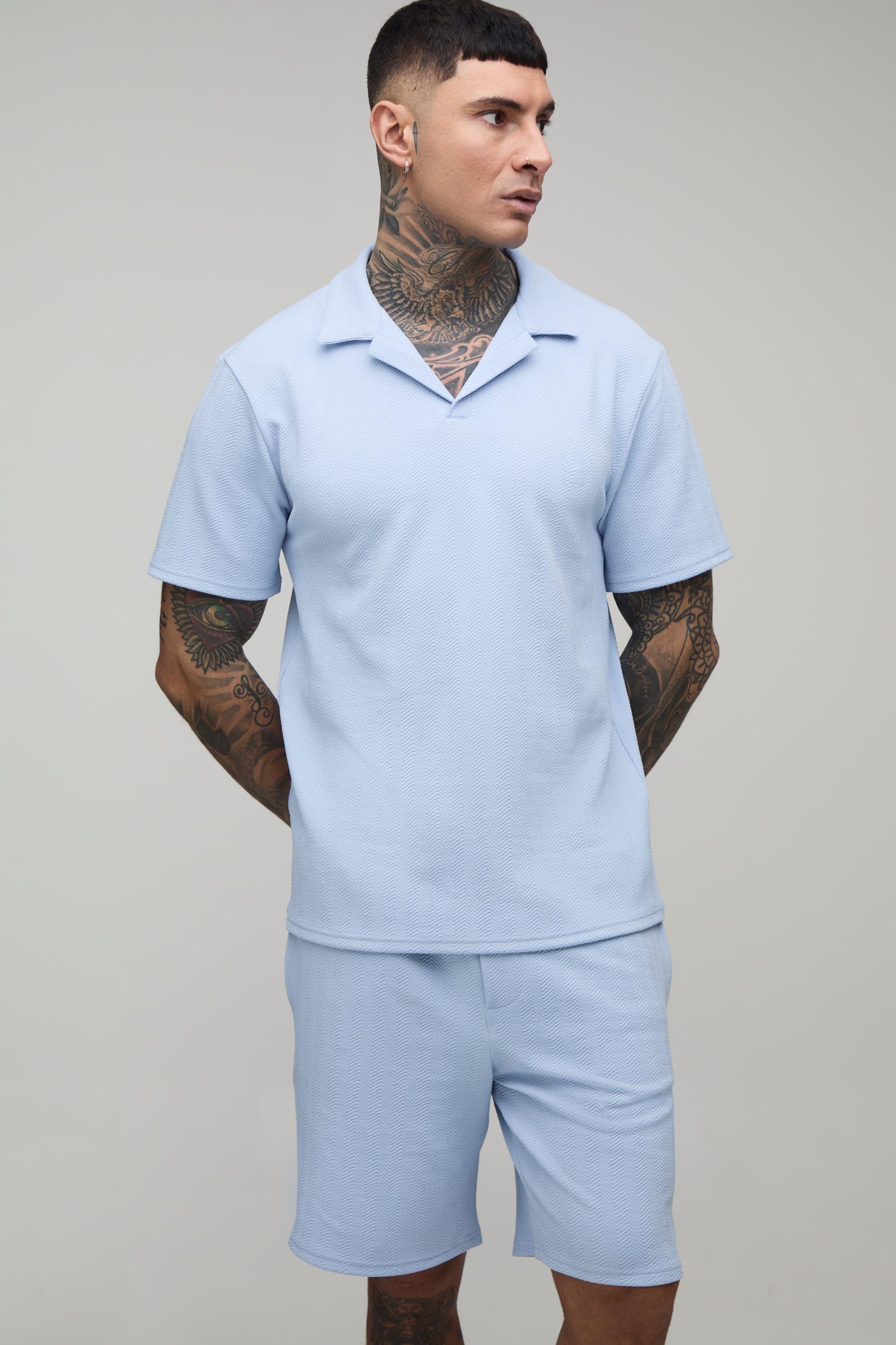 Tall Short Sleeve Jersey Herringbone Regular Polo Shirt & Short Set by BOOHOOMAN