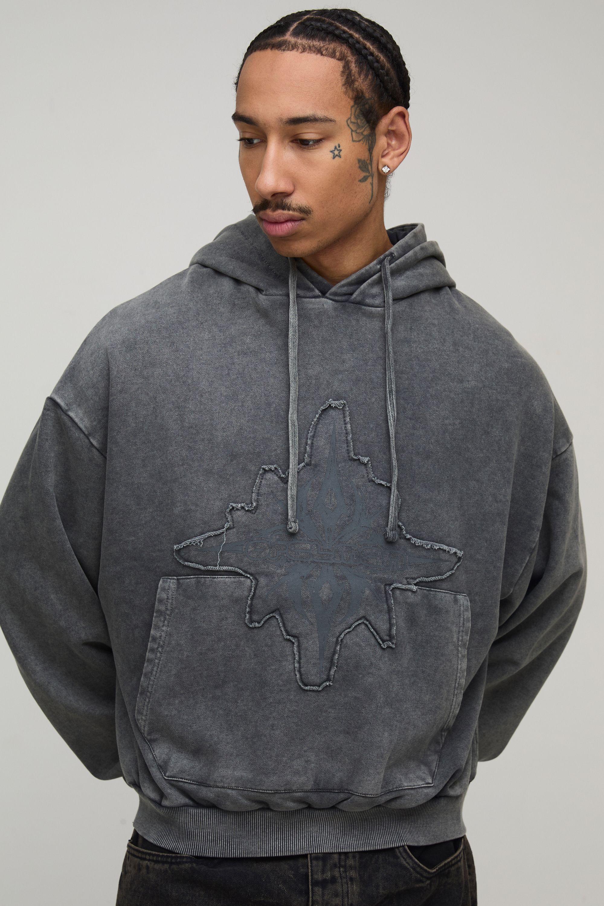 Tall Shrunken Boxy Loopback Washed OFCLMAN Applique Hoodie by BOOHOOMAN