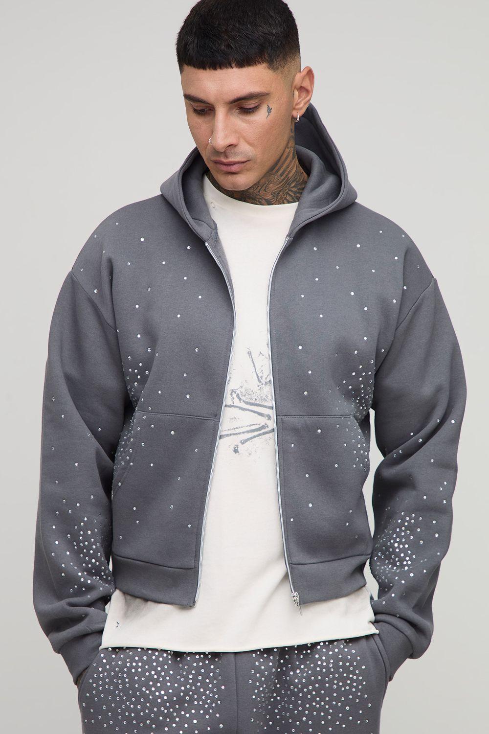 Tall Shrunken Rhinestone Zip Through Hoodie by BOOHOOMAN