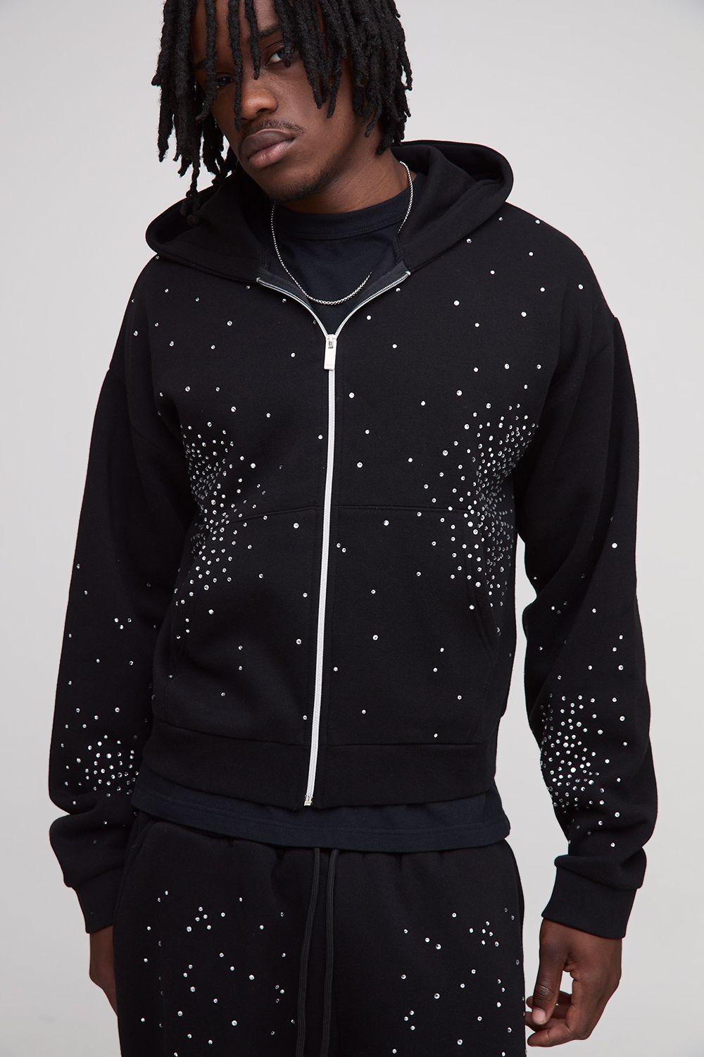 Tall Shrunken Rhinestone Zip Through Hoodie by BOOHOOMAN