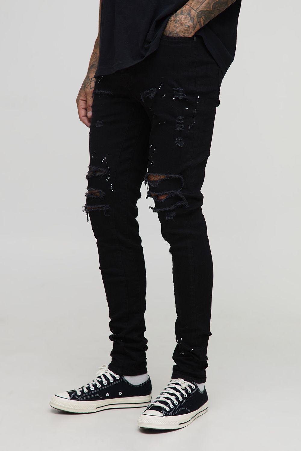 Tall Skinny Paint Splatter Distressed Jeans by BOOHOOMAN