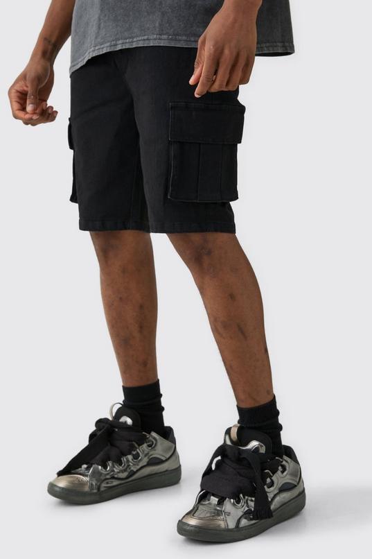 Tall Skinny Stretch Cargo Denim Shorts In Black by BOOHOOMAN