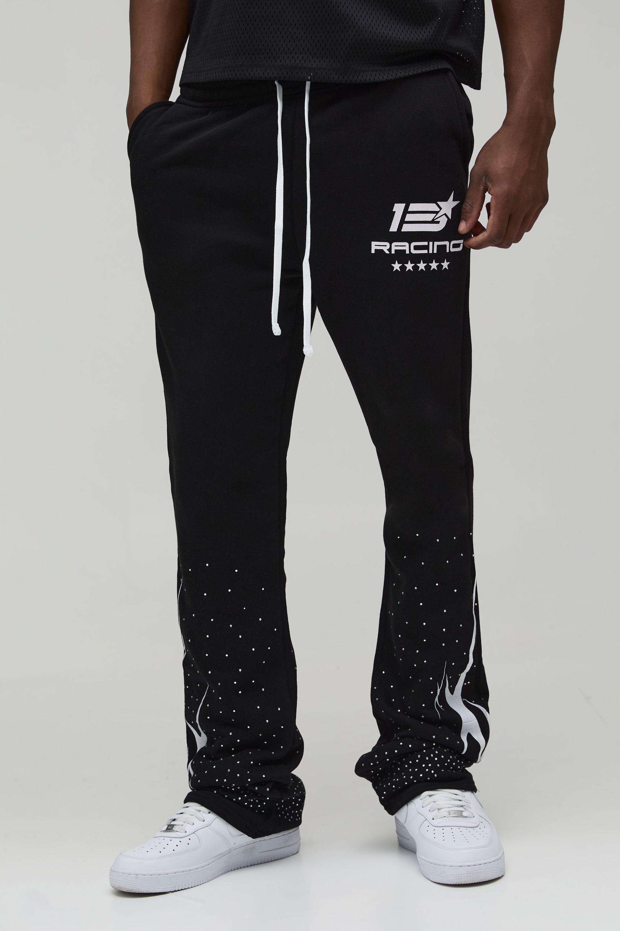 Tall Slim Flared Stacked Moto Print Rhinestone Embellished Joggers by BOOHOOMAN