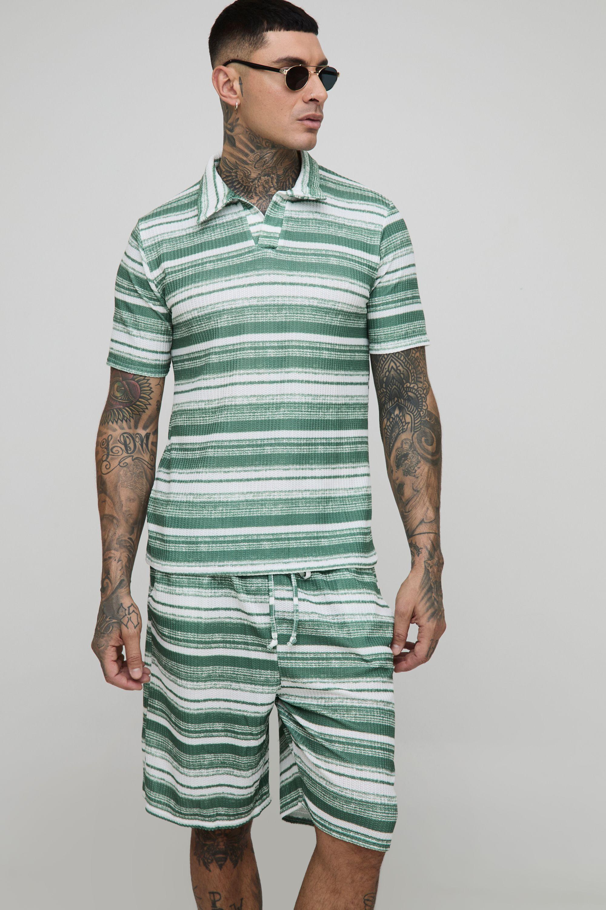 Tall Slim Revere Abstract Textured Polo Short Set by BOOHOOMAN