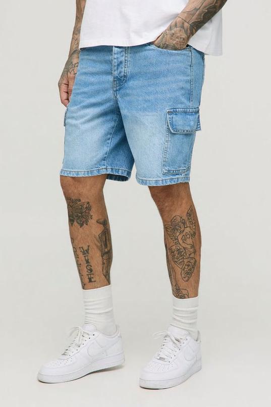 Tall Slim Rigid Cargo Denim Shorts by BOOHOOMAN