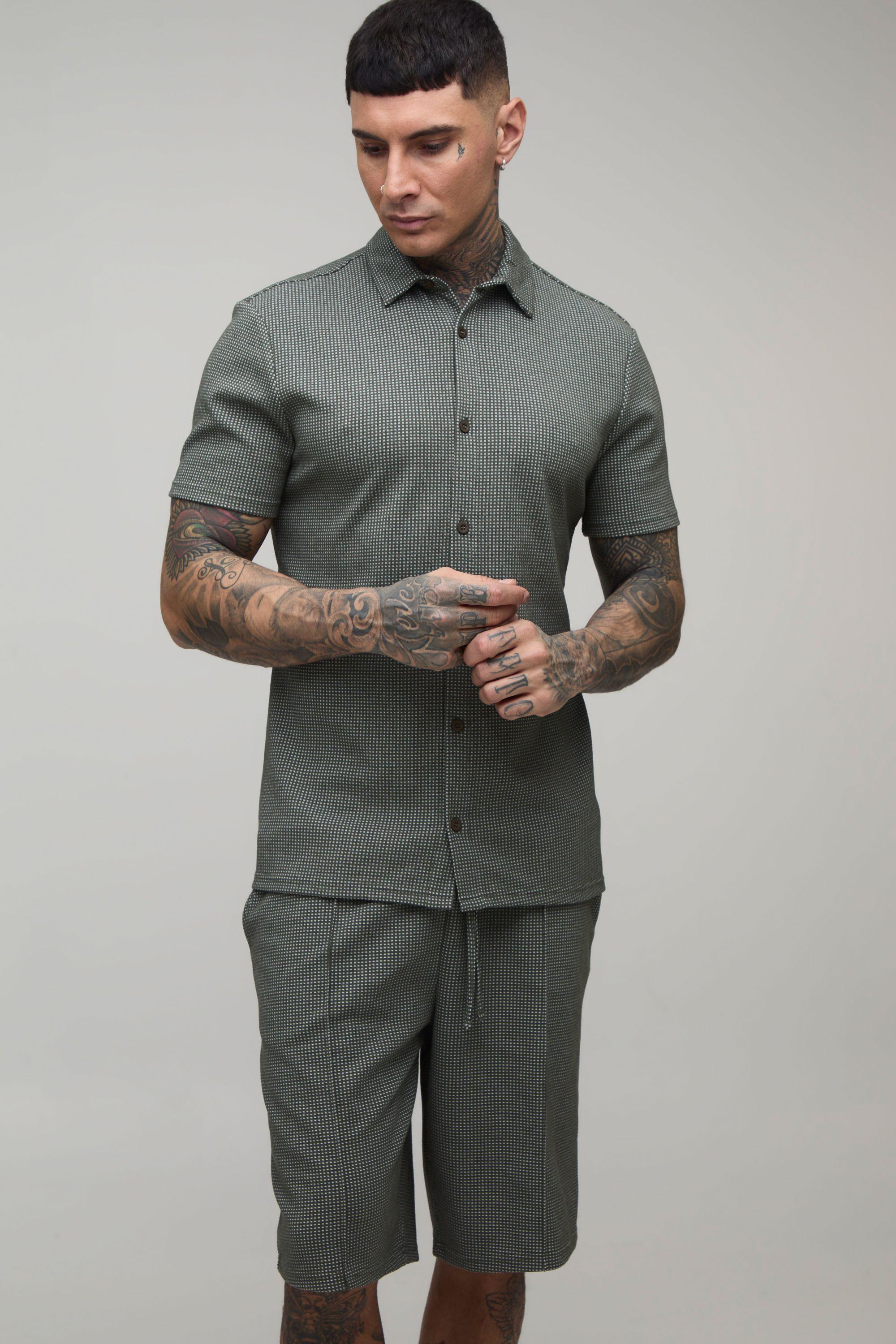 Tall Slim Short Sleeve Collared Shirt & Comfort Pintuck Short by BOOHOOMAN