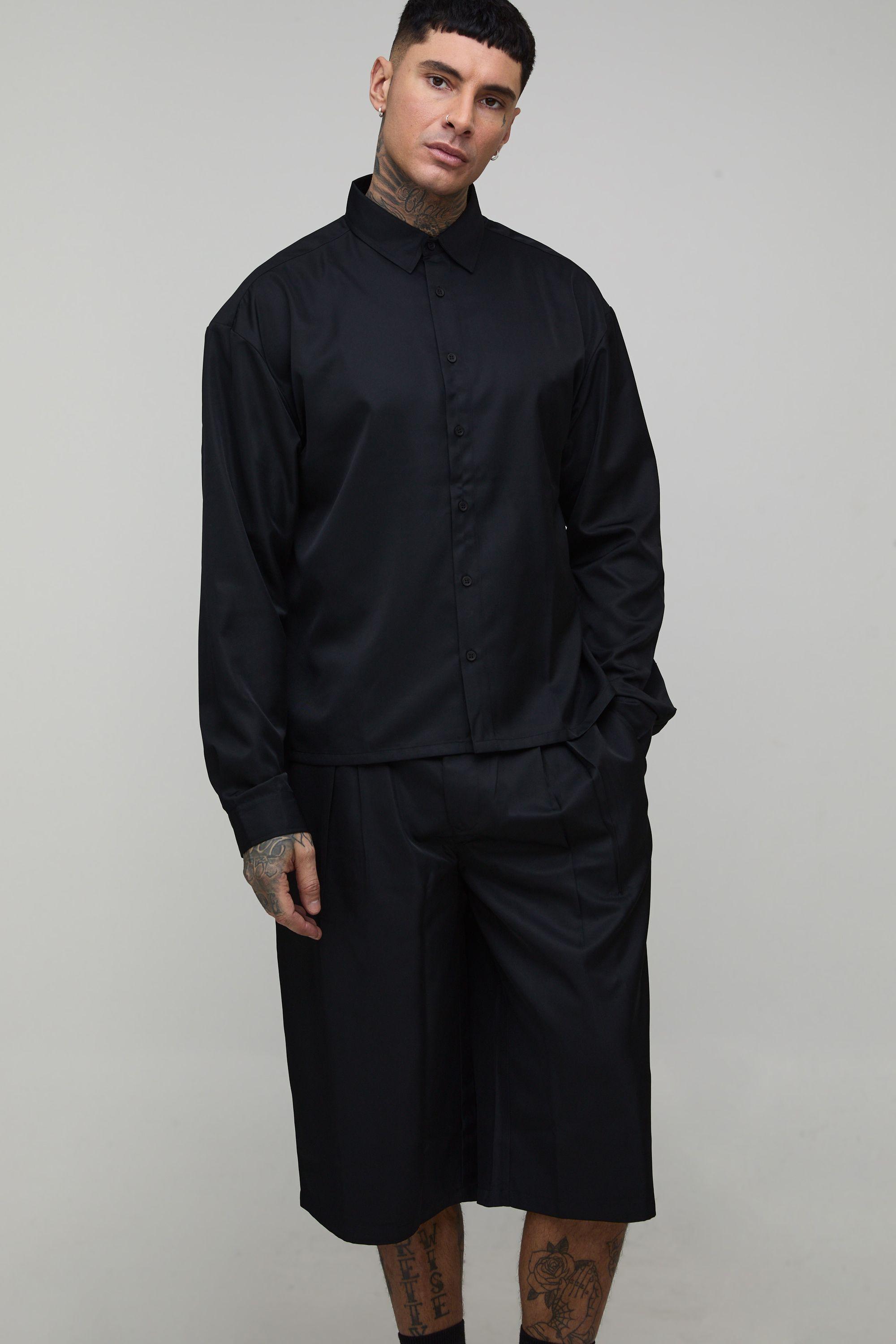 Tall Soft Twill Oversized Boxy Shirt and  Pleated Longline Jorts Set by BOOHOOMAN