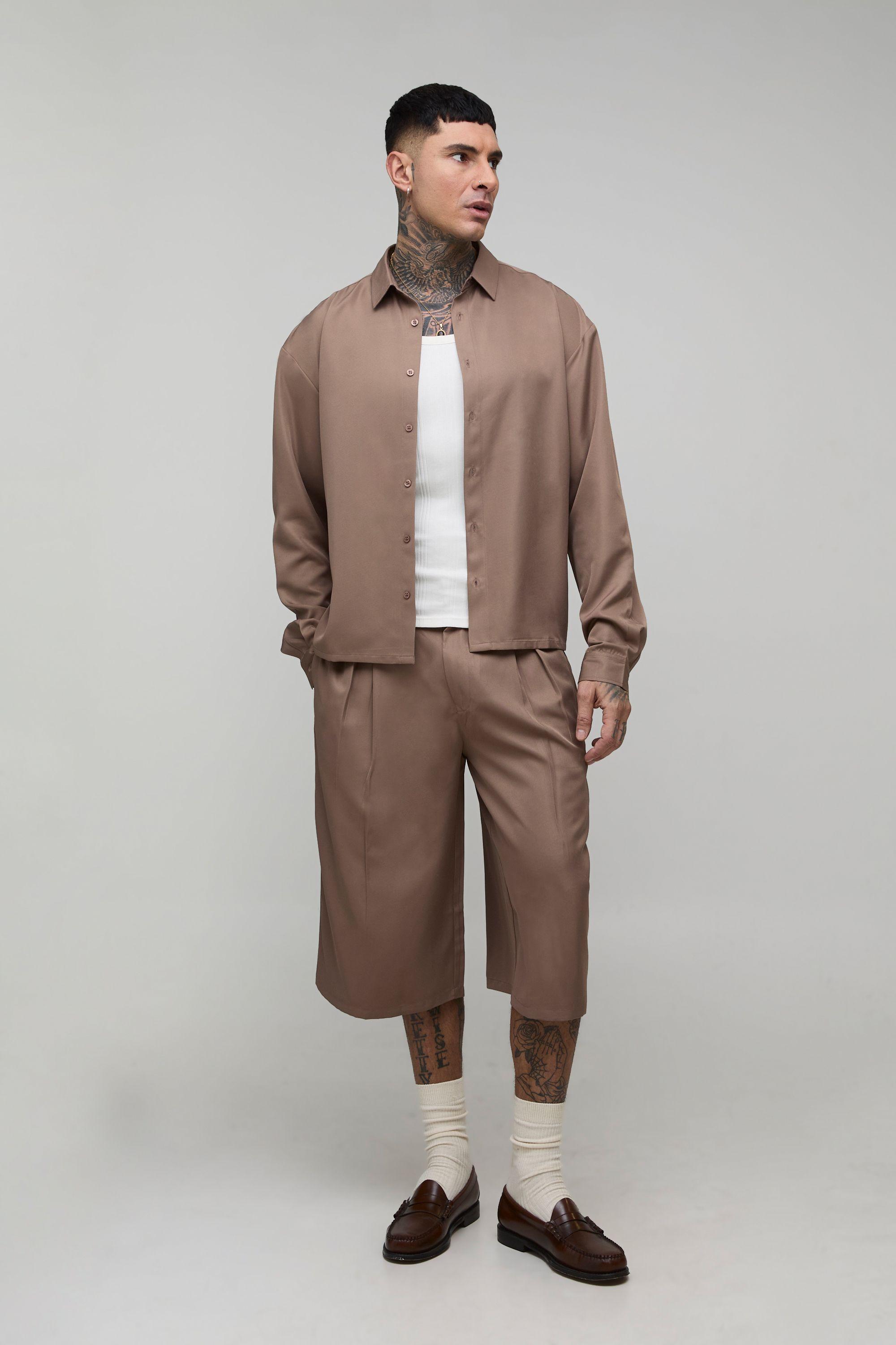 Tall Soft Twill Oversized Boxy Shirt and  Pleated Longline Jorts Set by BOOHOOMAN