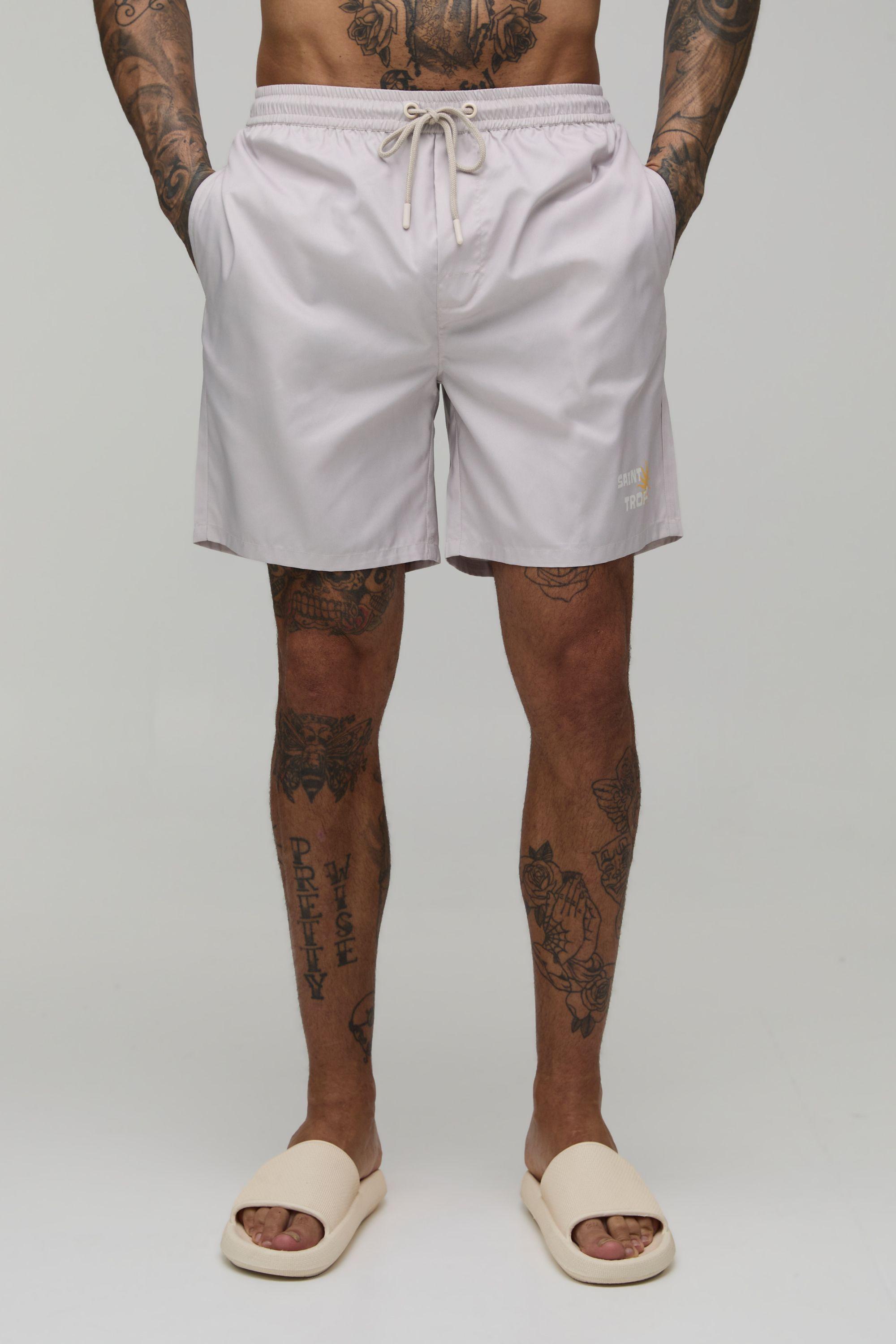 Tall St Tropez Placement Print Mid Length Swim Shorts by BOOHOOMAN
