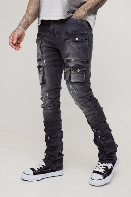 Tall Stacked Multi Cargo Pocket Flared Jeans by BOOHOOMAN