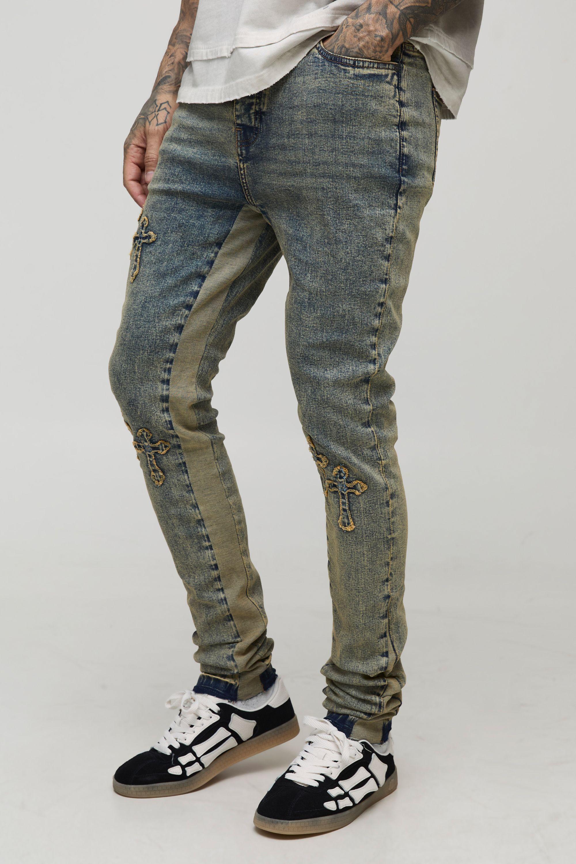 Tall Stacked Skinny Cross Applique Gusset Jeans by BOOHOOMAN Tall Stacked Skinny Cross Applique Gusset Jeans by BOOHOOMAN