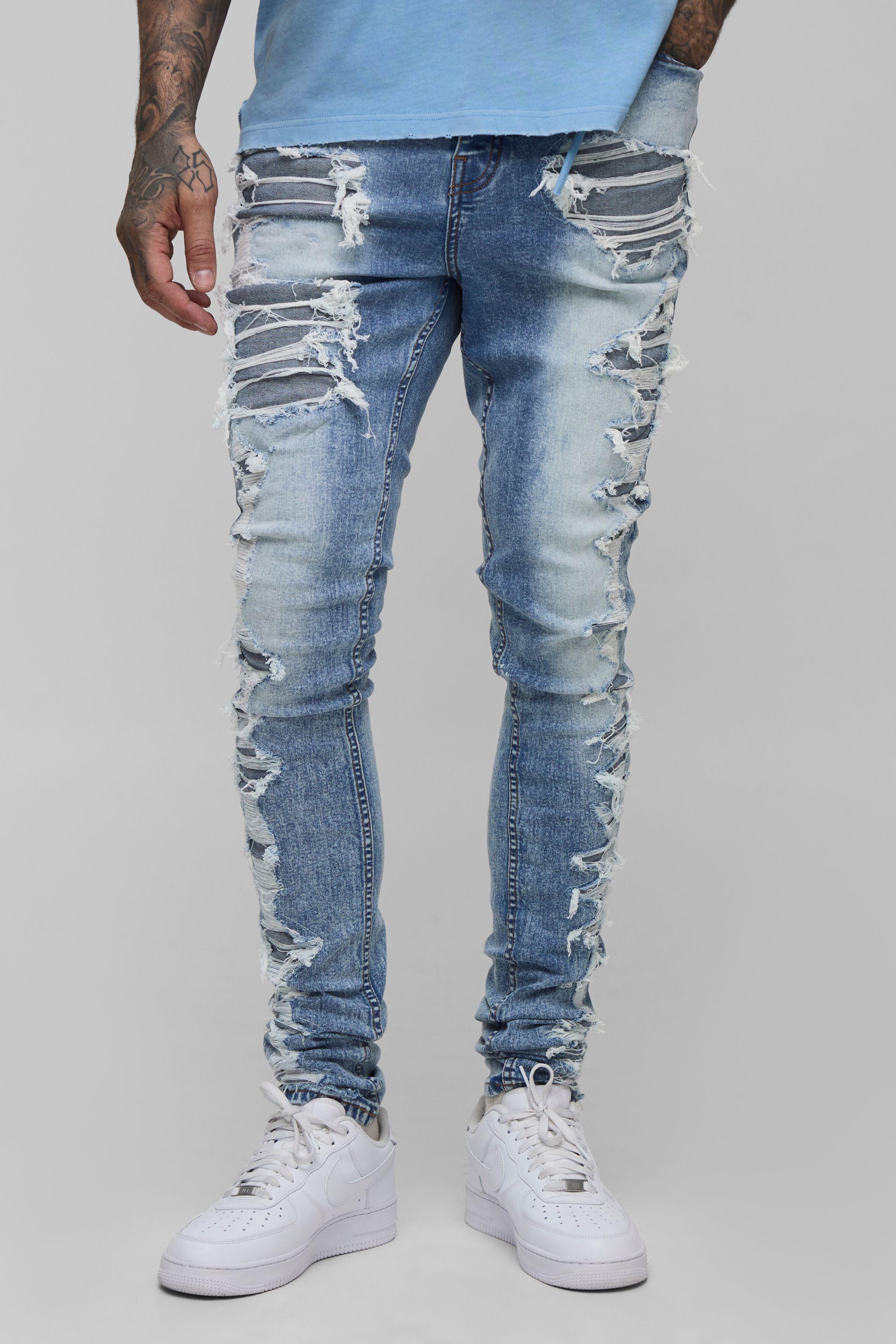 Tall Stacked Skinny Extreme Rip & Repair Skinny Jeans by BOOHOOMAN Tall Stacked Skinny Extreme Rip & Repair Skinny Jeans by BOOHOOMAN