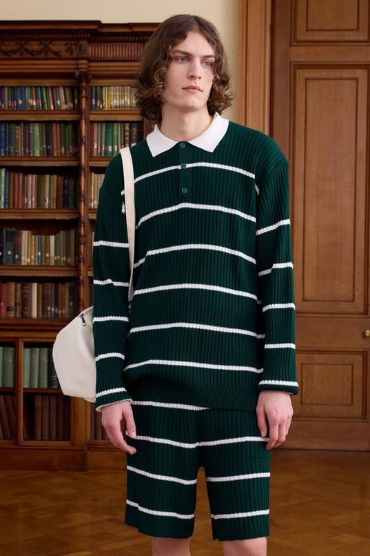 Tall Stripe Knitted Oversized Rugby Polo by BOOHOOMAN