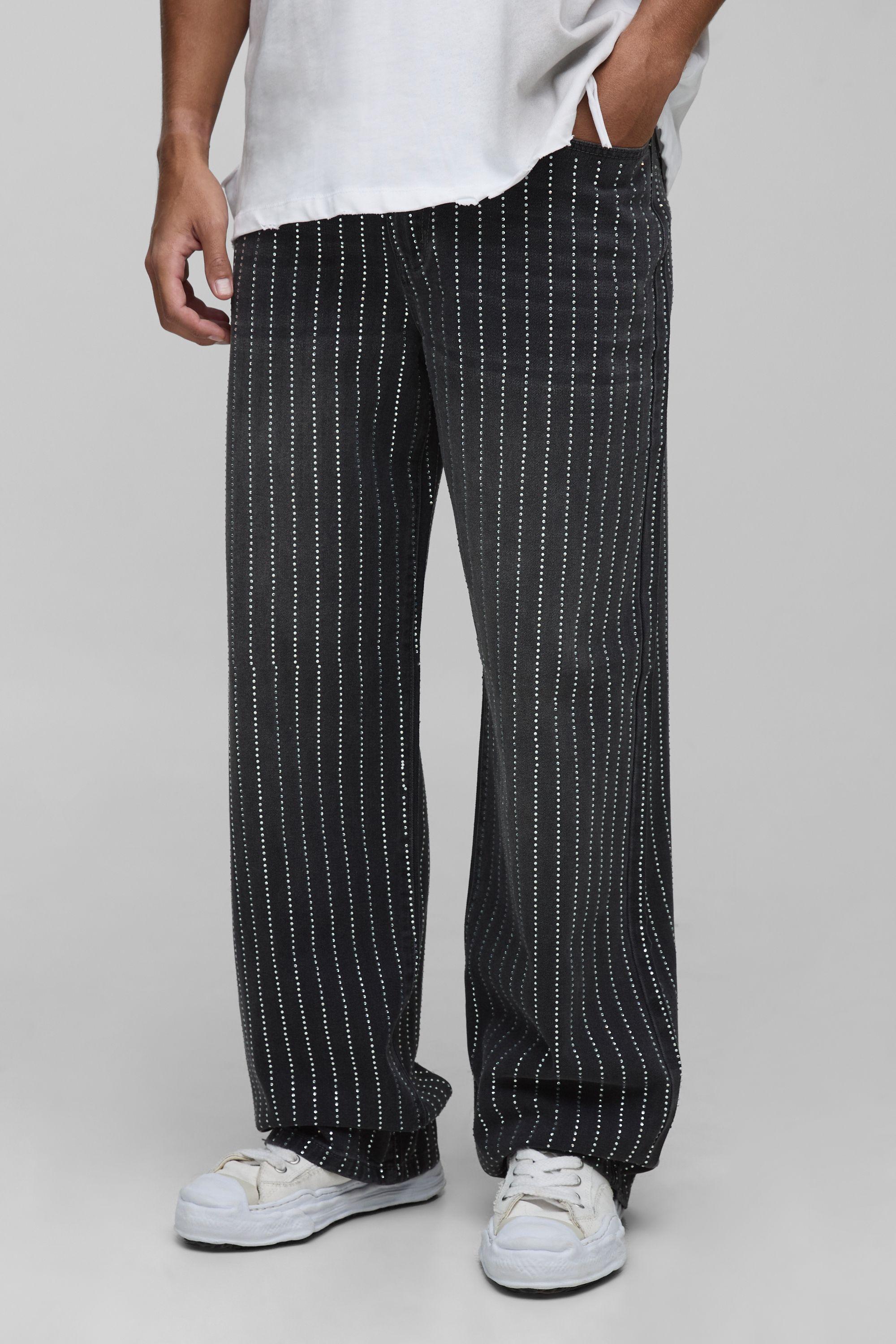 Tall Stripe Rhinestone Relaxed Fit Jeans by BOOHOOMAN