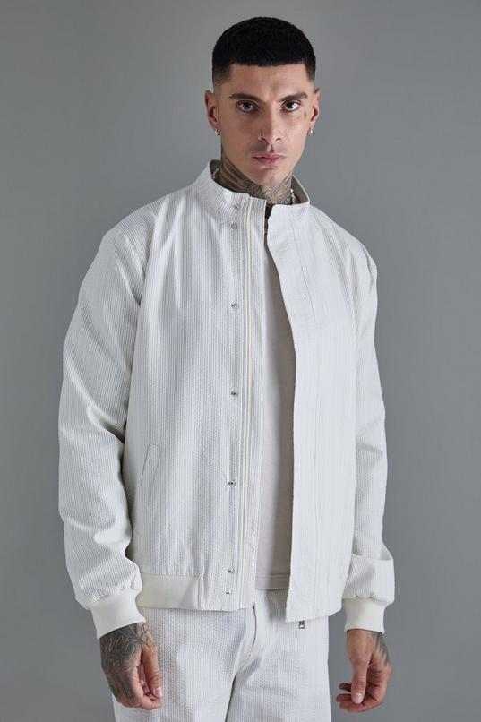 Tall Stripe Seersucker Funnel Neck Smart Jacket by BOOHOOMAN