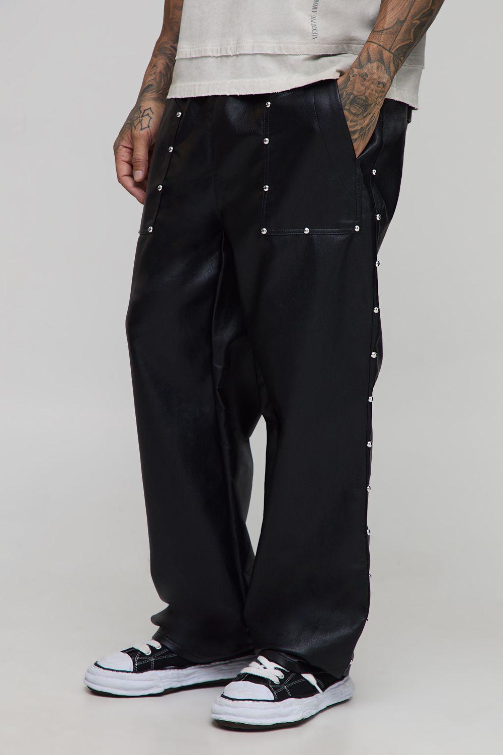 Tall Studded Leather Look Drawcord Relaxed Carpenter Trousers by BOOHOOMAN
