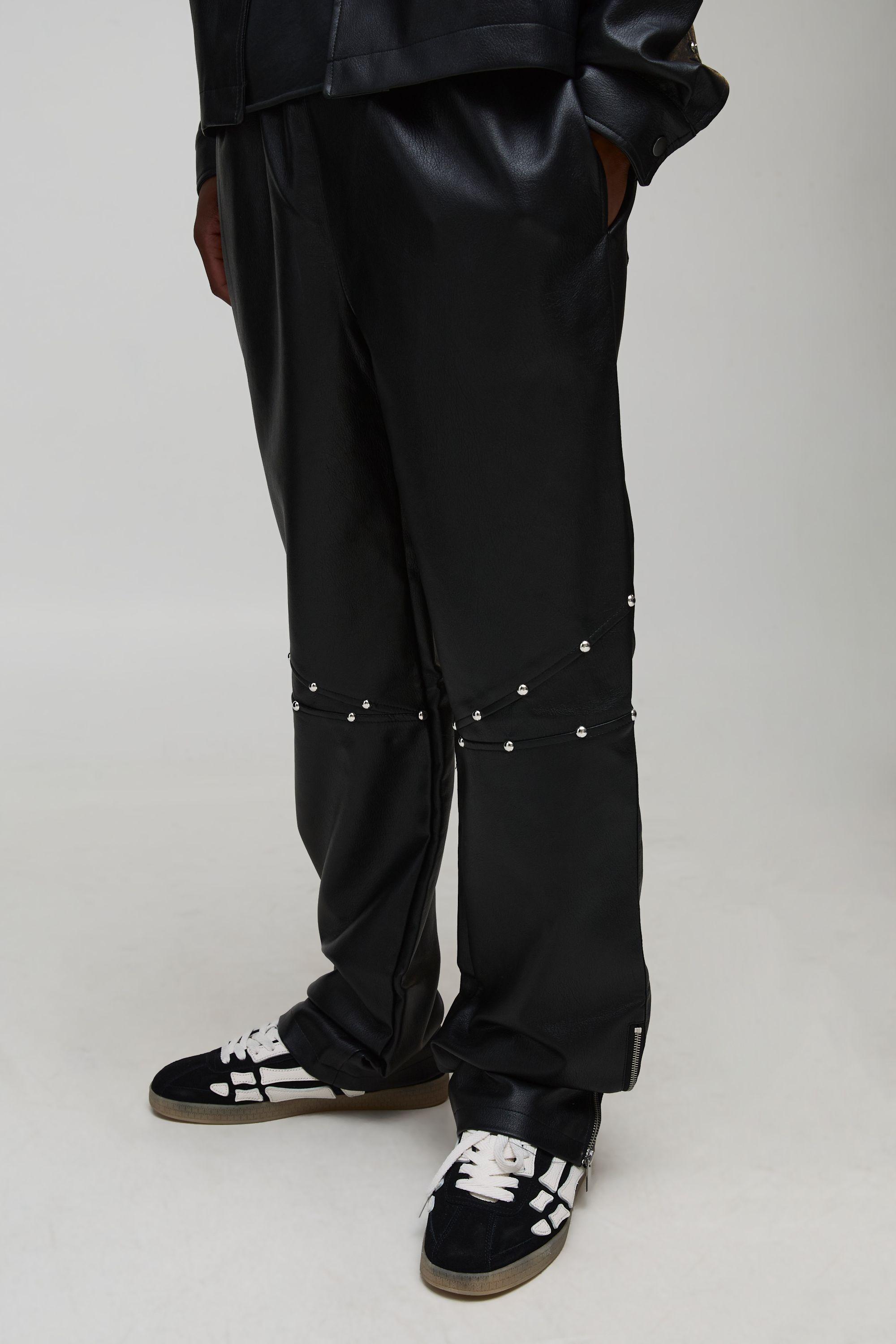 Tall Studded Leather Look Zip Hem Relaxed Fit Trousers by BOOHOOMAN Tall Studded Leather Look Zip Hem Relaxed Fit Trousers by BOOHOOMAN