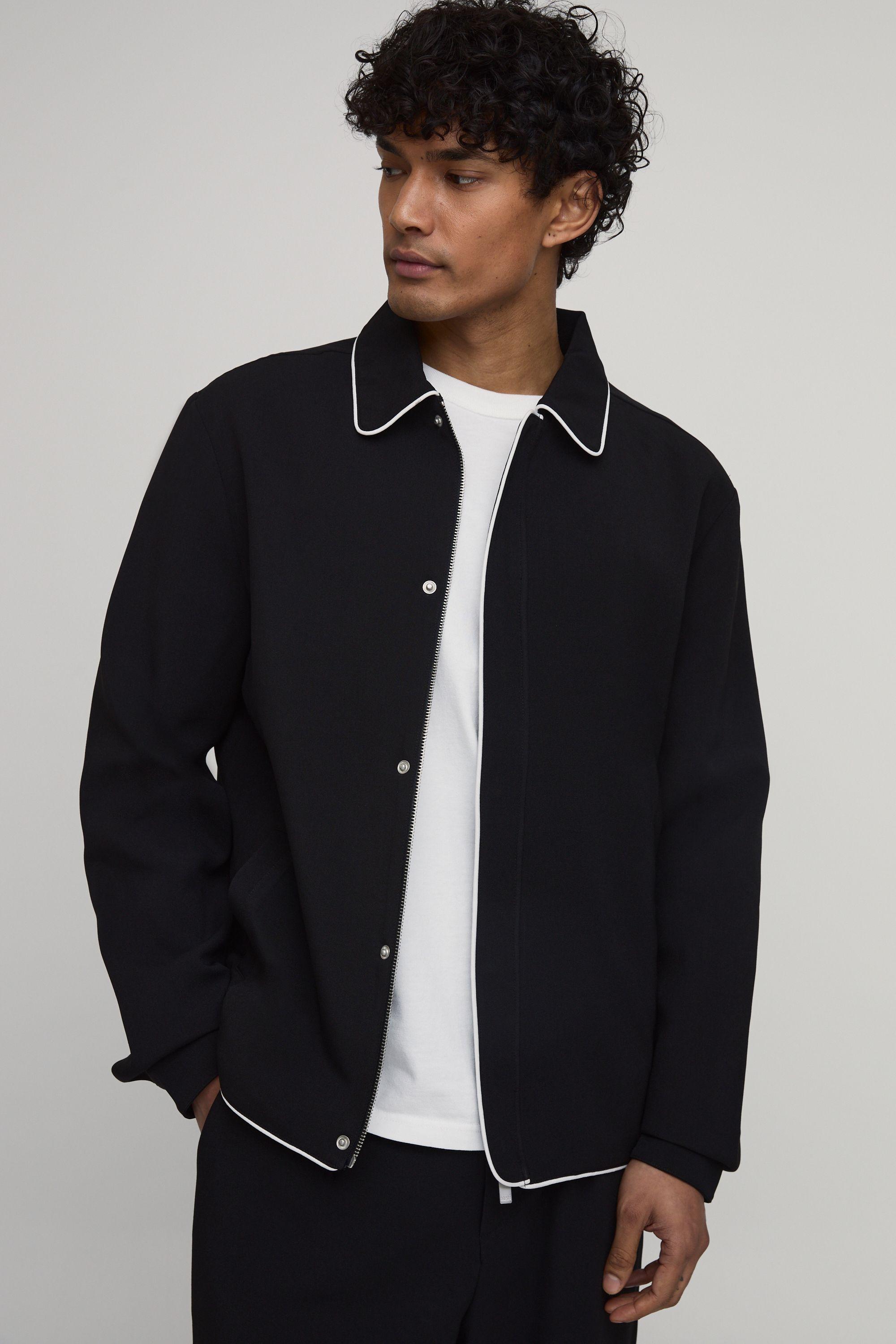 Tall Tailored Zip Up Contrast Piping Co-ord Harrington Jacket by BOOHOOMAN