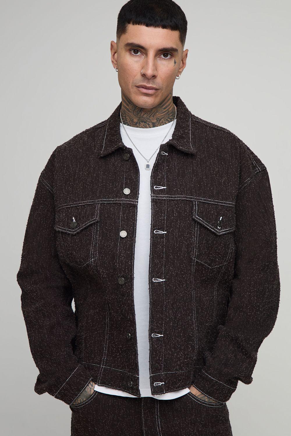 Tall Textured Denim Boxy Oversized Denim Jacket by BOOHOOMAN