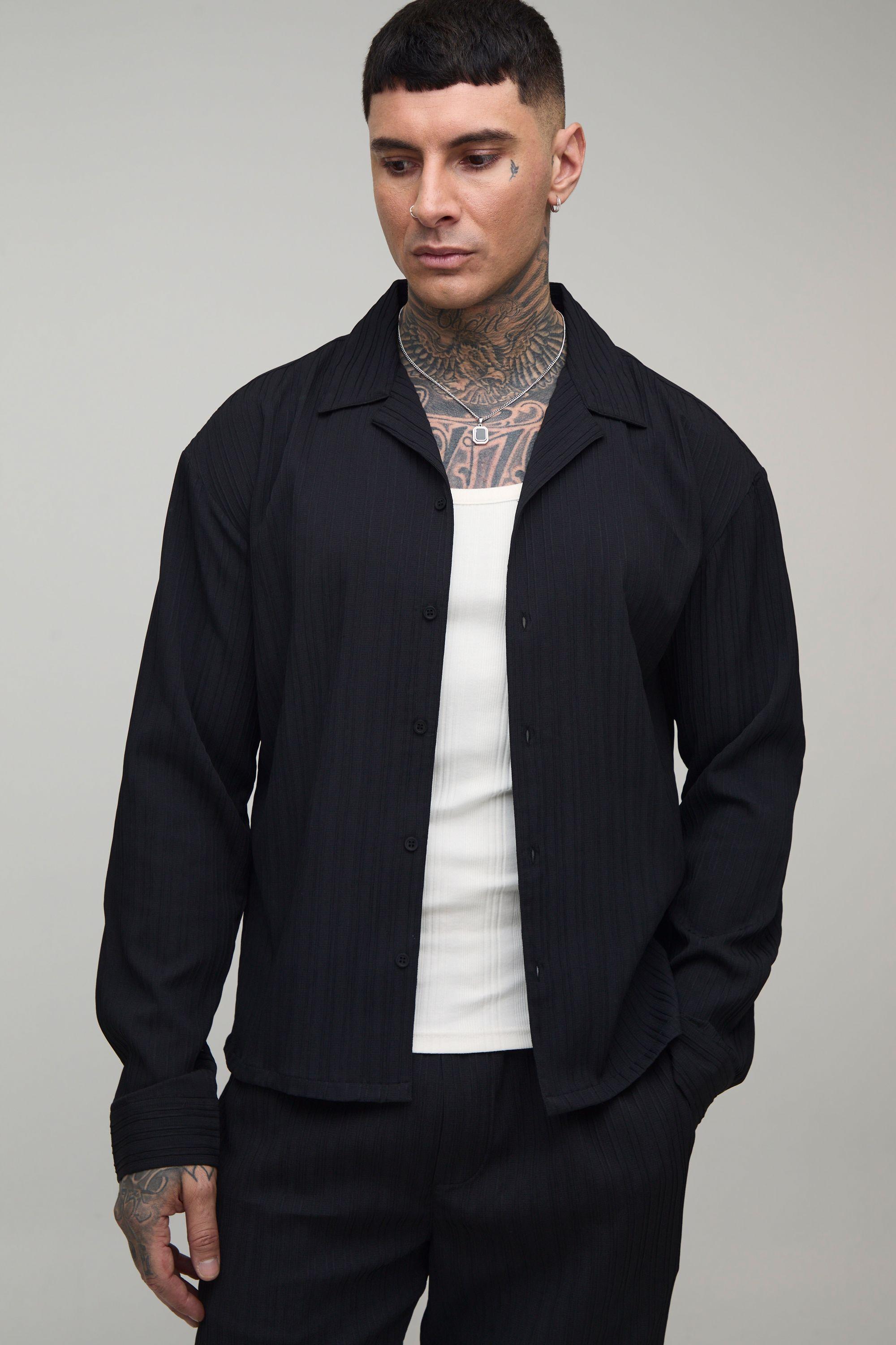 Tall Textured Pleated Boxy Fit Long Sleeve Overshirt by BOOHOOMAN