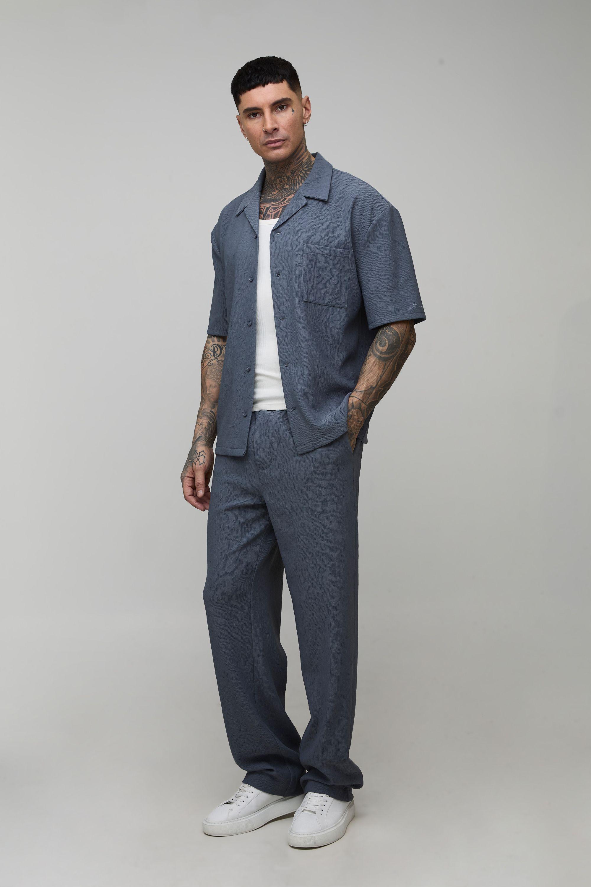 Tall Textured Pleated Oversized Shirt & Relaxed Trouser Set by BOOHOOMAN