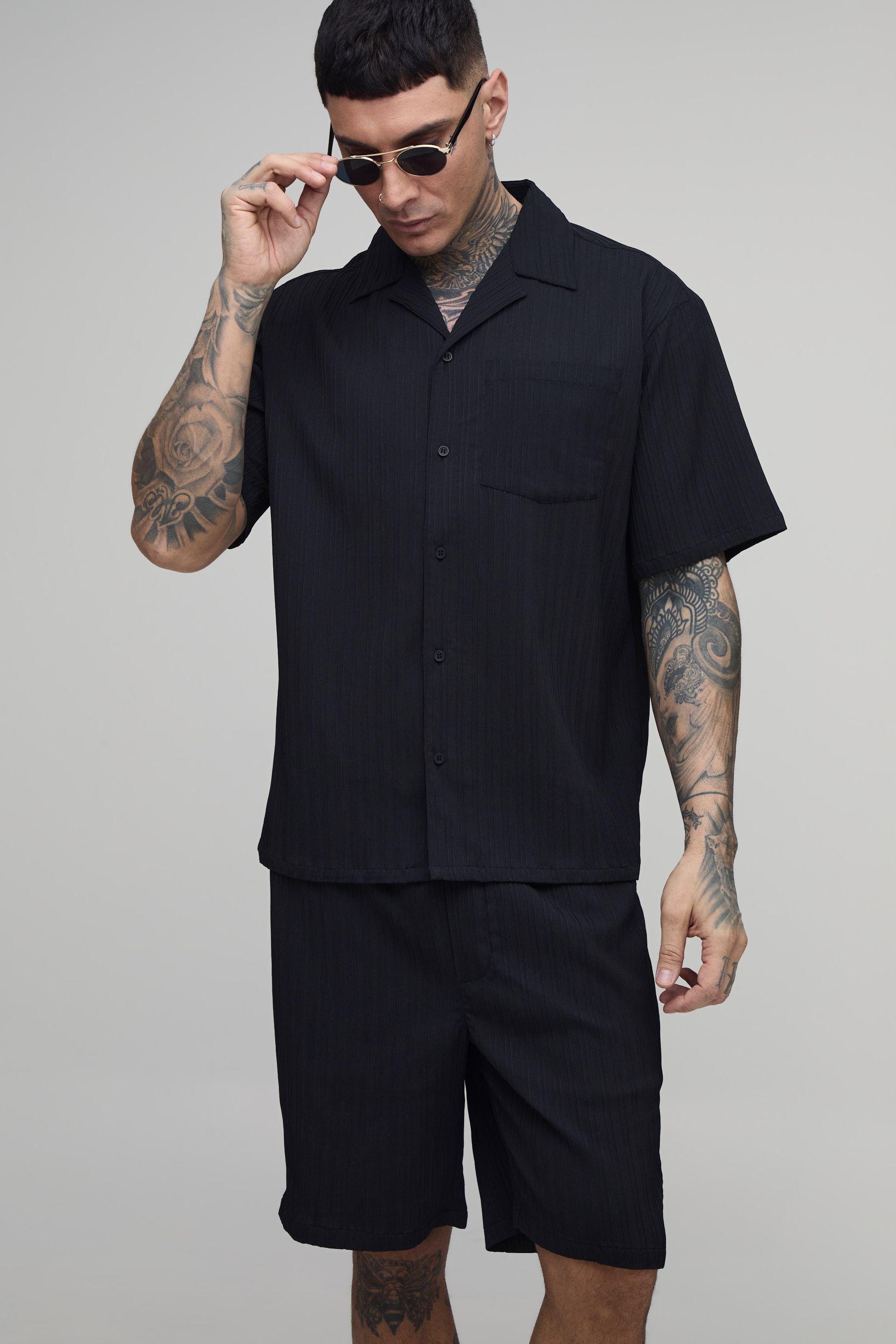Tall Textured Pleated Oversized Shirt & Short Set by BOOHOOMAN