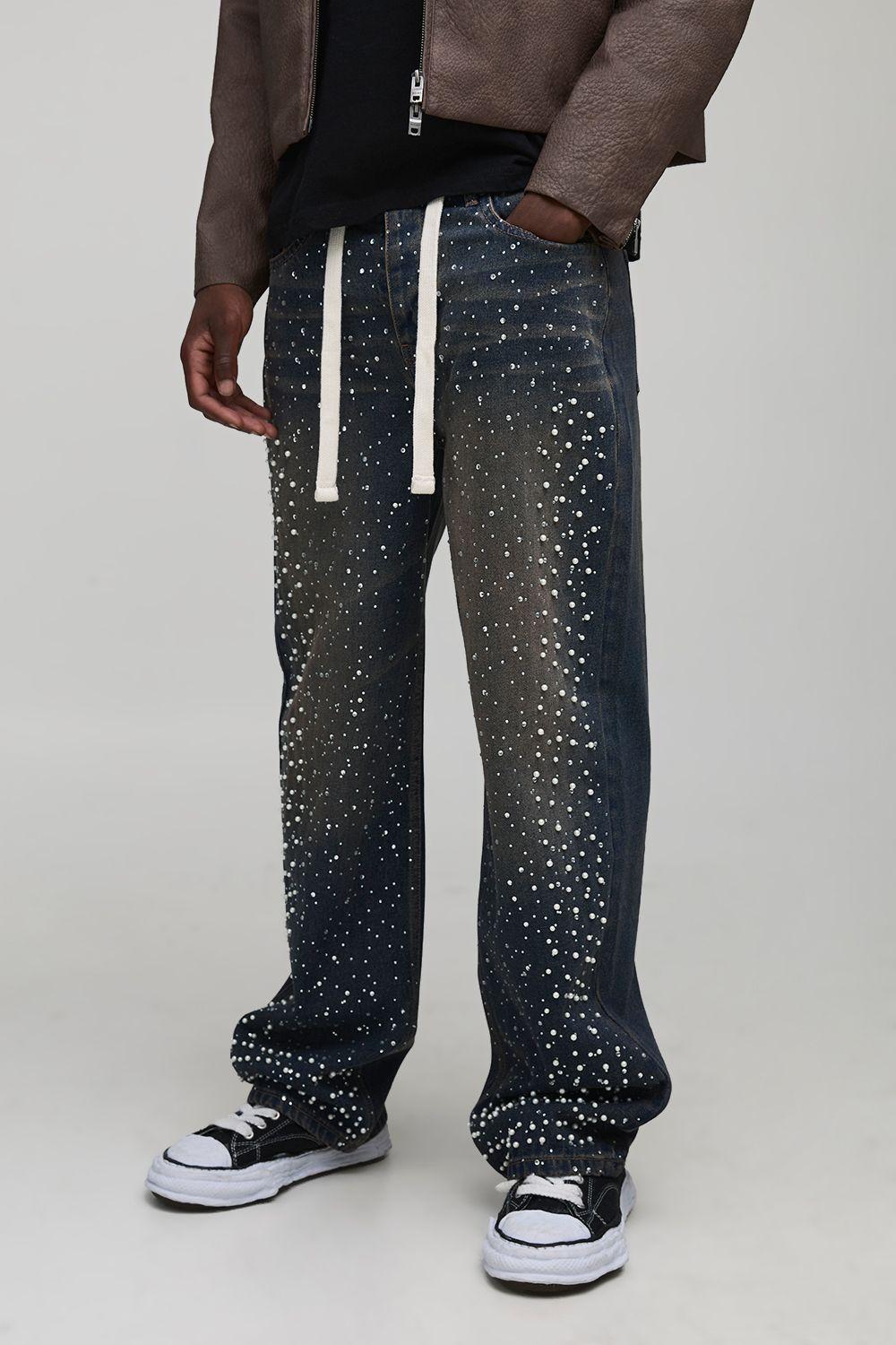 Tall Tinted Rhinestone Extended Drawcord Relaxed Fit Jeans by BOOHOOMAN