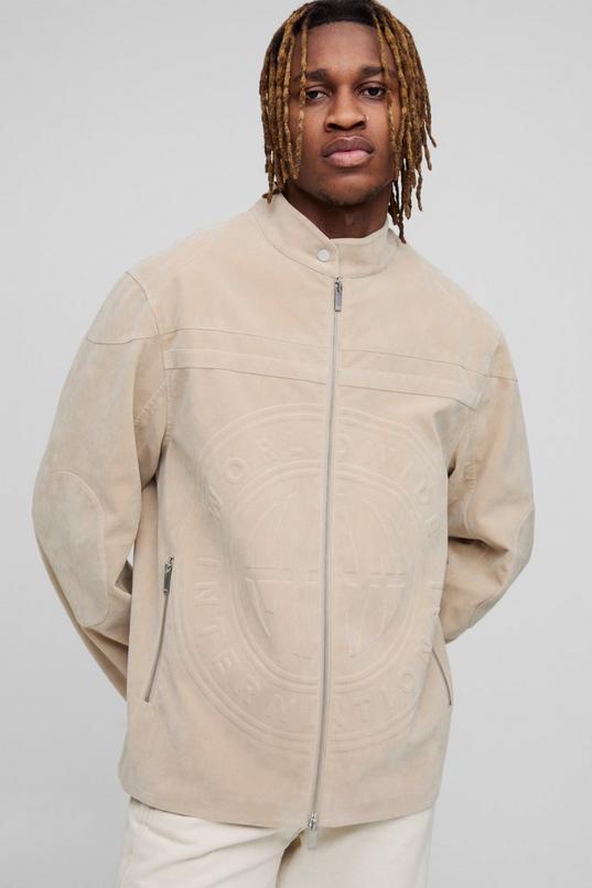 Tall Tumbled Faux Suede Embossed Regular Fit Biker Jacket by BOOHOOMAN