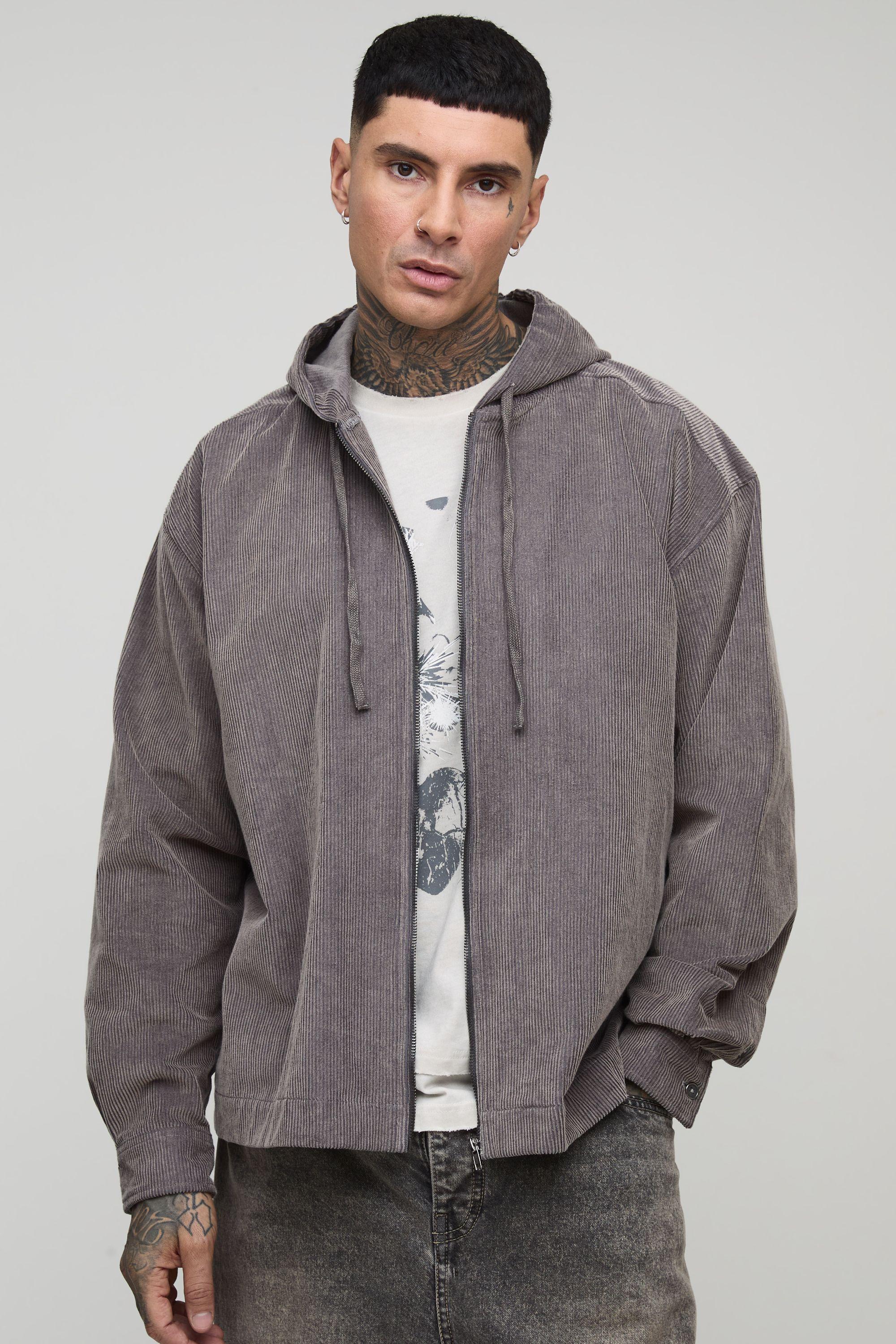 Tall Washed Cord Boxy Oversized Hoodie by BOOHOOMAN