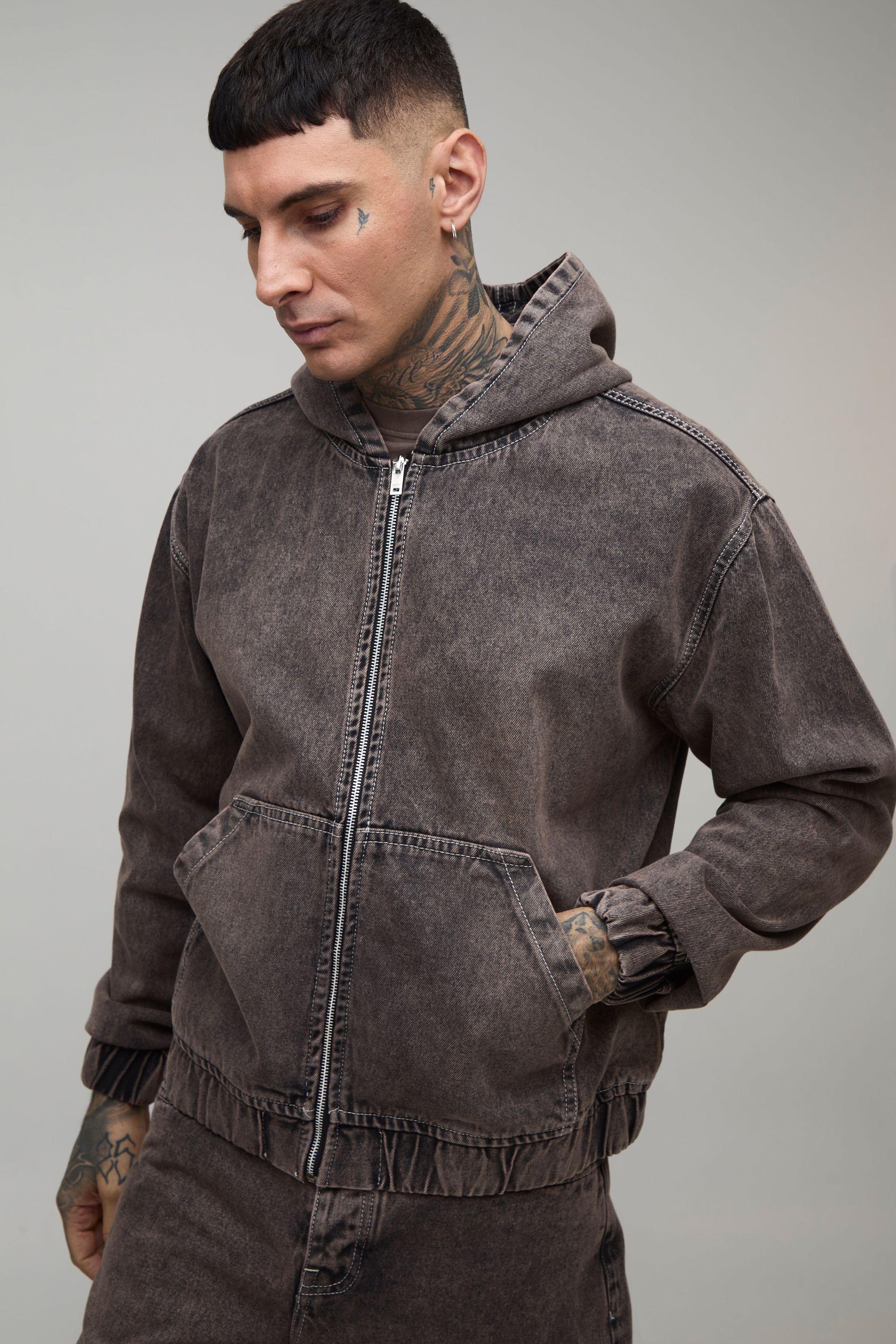Tall Washed Denim Zip Up Hoodie by BOOHOOMAN