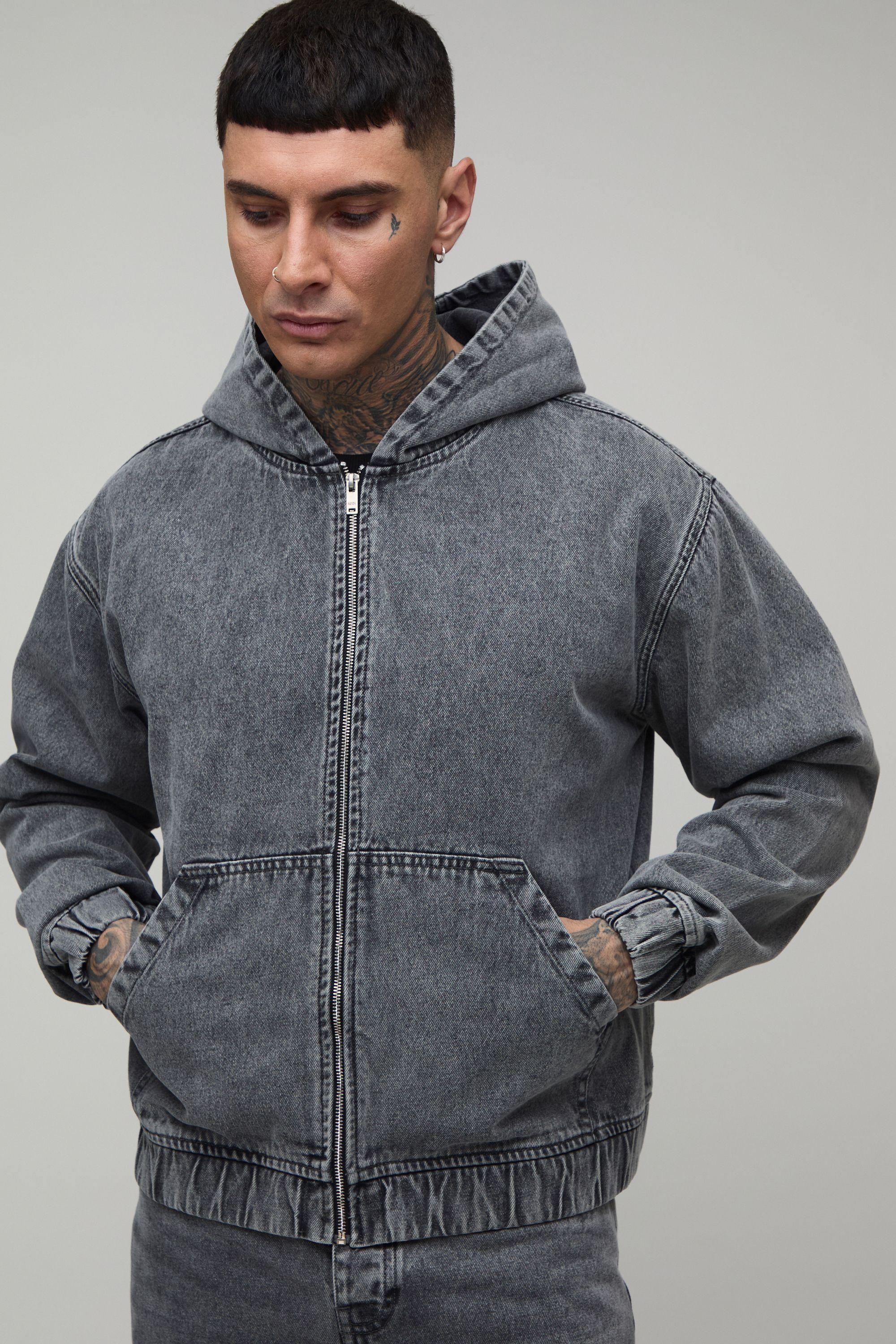 Tall Washed Denim Zip Up Hoodie by BOOHOOMAN