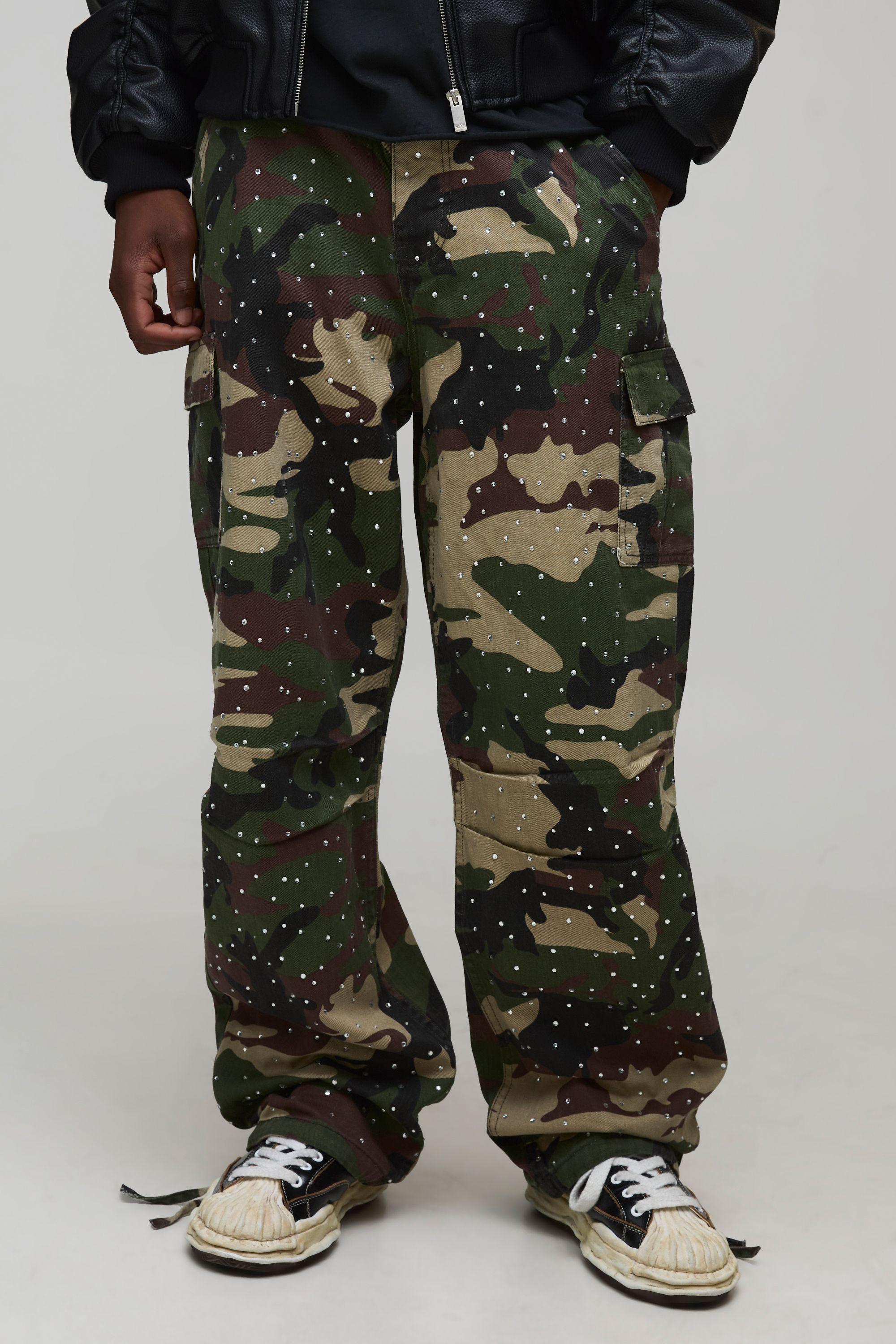 Tall Washed Relaxed Rhinestone Camo Cargo Trousers by BOOHOOMAN Tall Washed Relaxed Rhinestone Camo Cargo Trousers by BOOHOOMAN