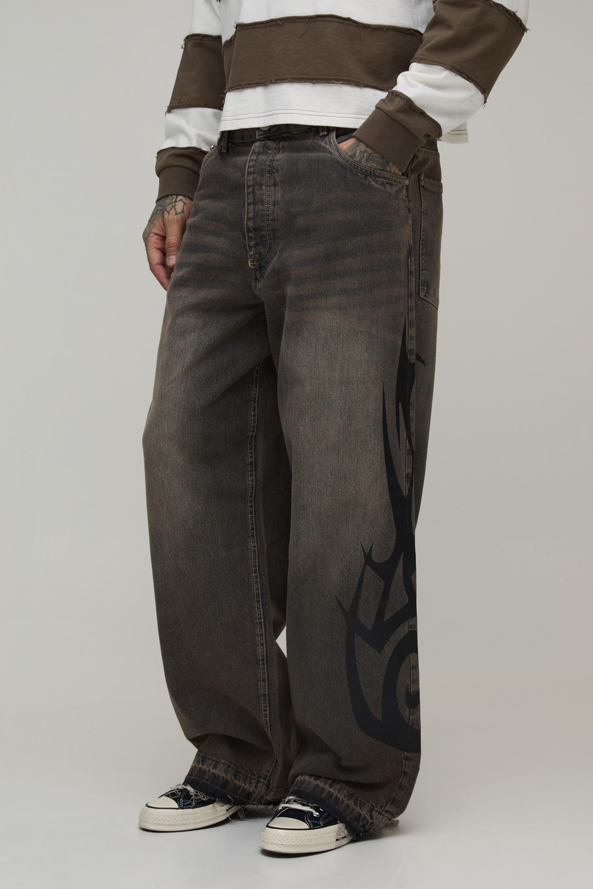 Tall Washed Tribal Print Extreme Baggy Jeans by BOOHOOMAN