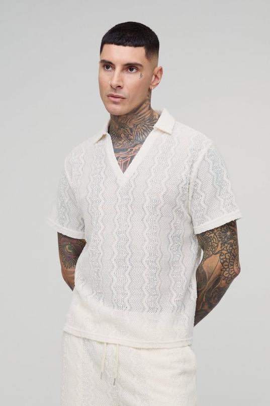 Tall Zig Zag Crochet Polo Shirt by BOOHOOMAN