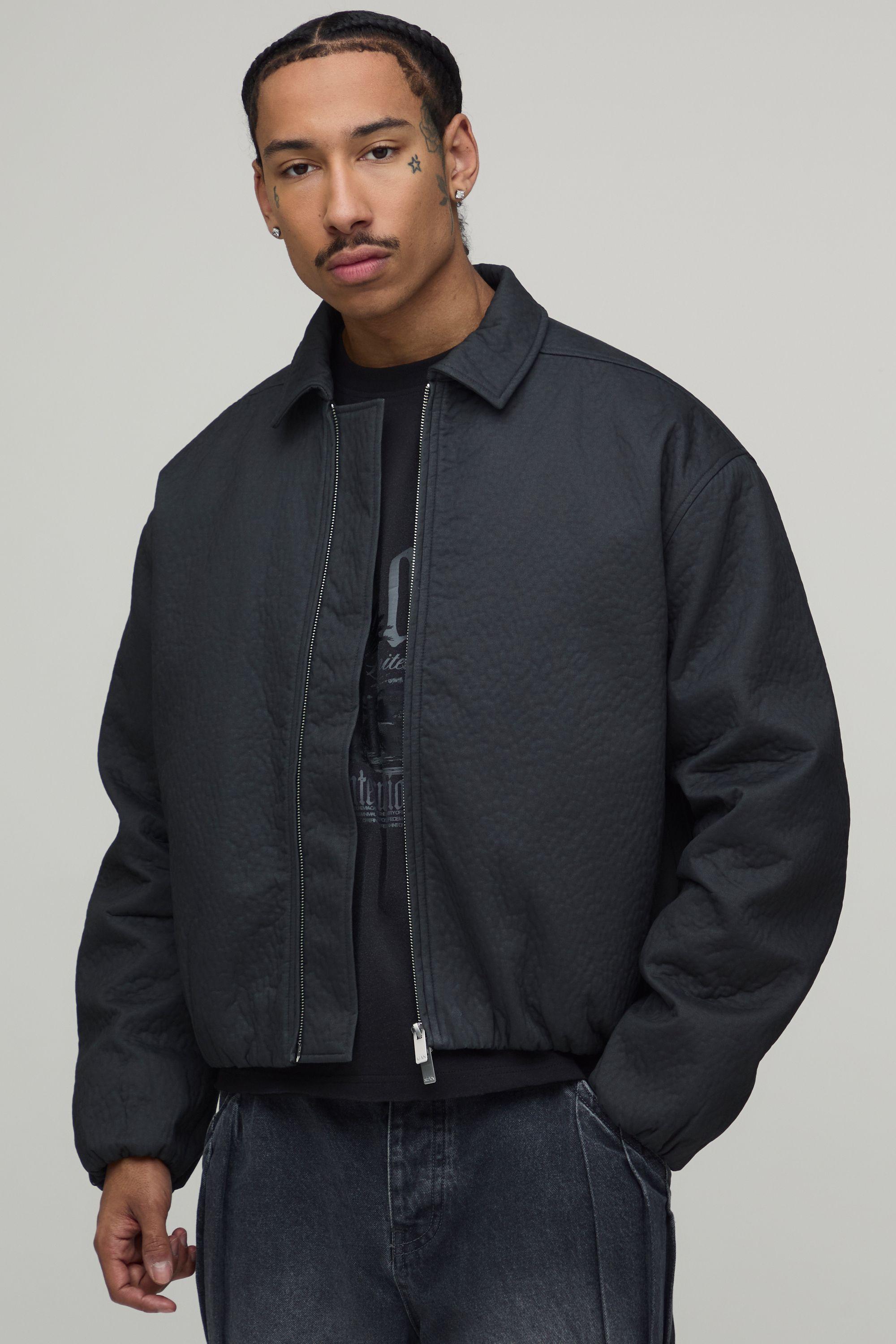 Textured Peached Harrington Jacket by BOOHOOMAN
