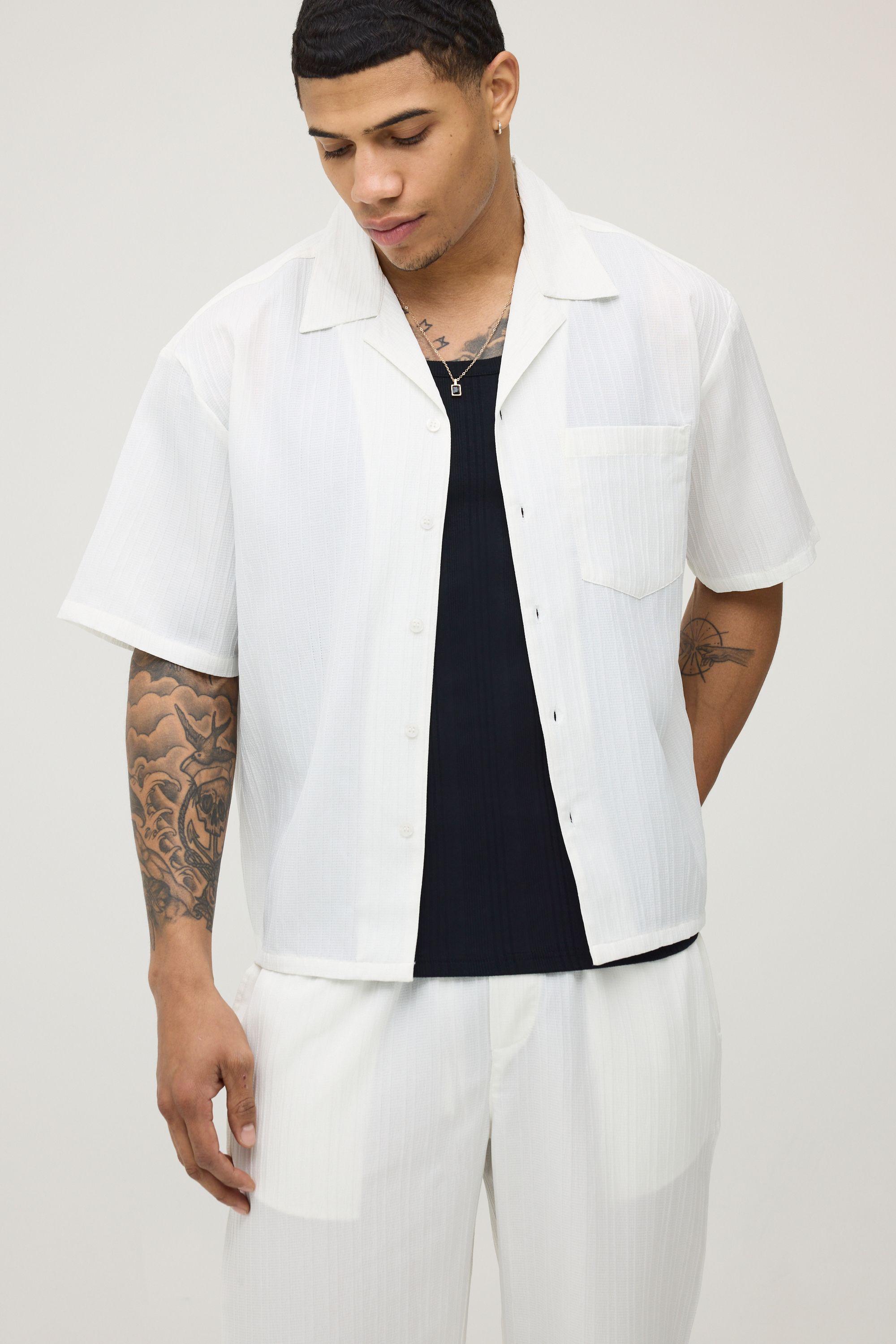 Textured Pleated Oversized Boxy Fit Short Sleeve Shirt by BOOHOOMAN