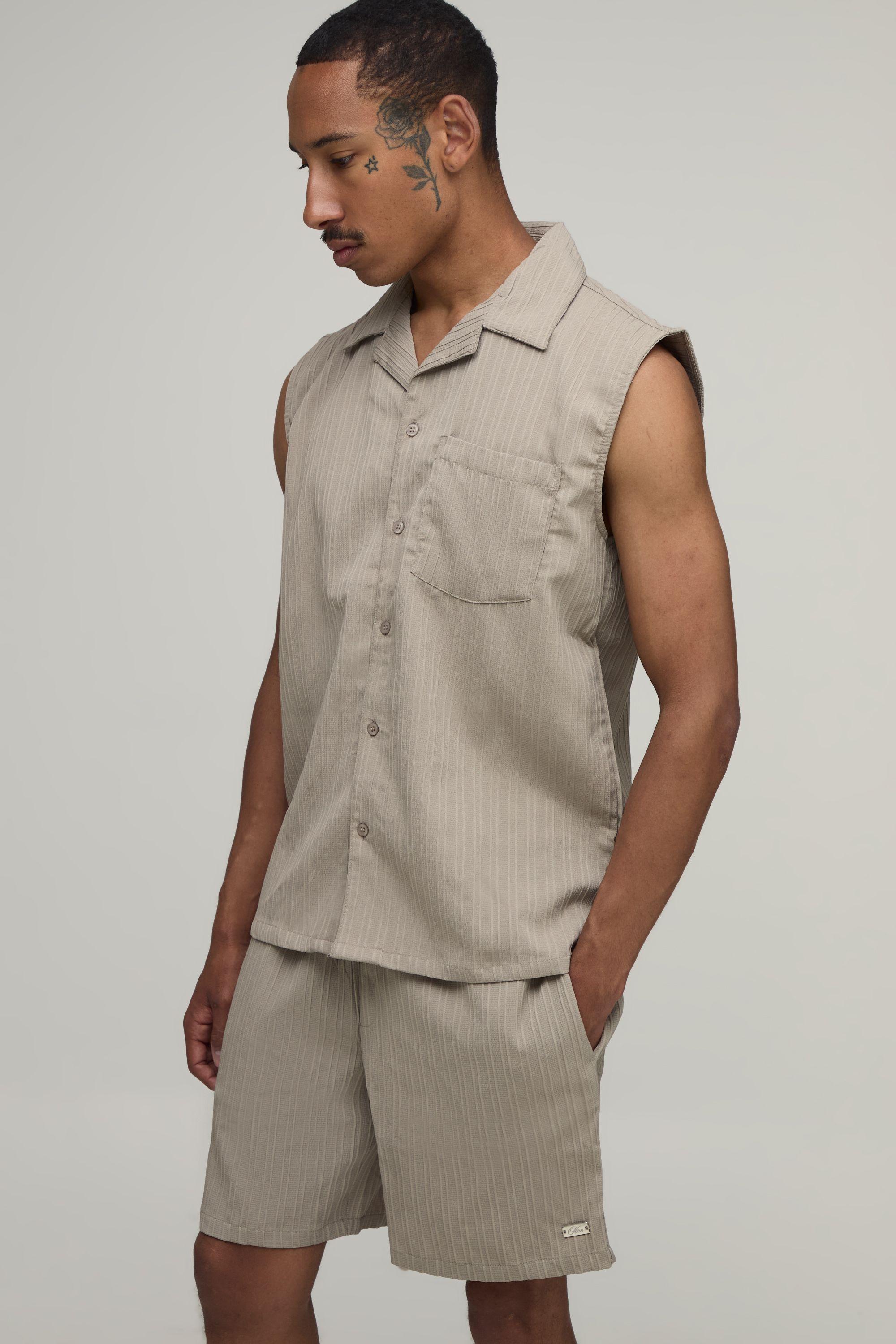 Textured Pleated Regular Fit Sleeveless Shirt & Short Set by BOOHOOMAN