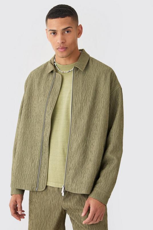 Textured Satin Oversized Fit Zip Up Harrington Jacket by BOOHOOMAN
