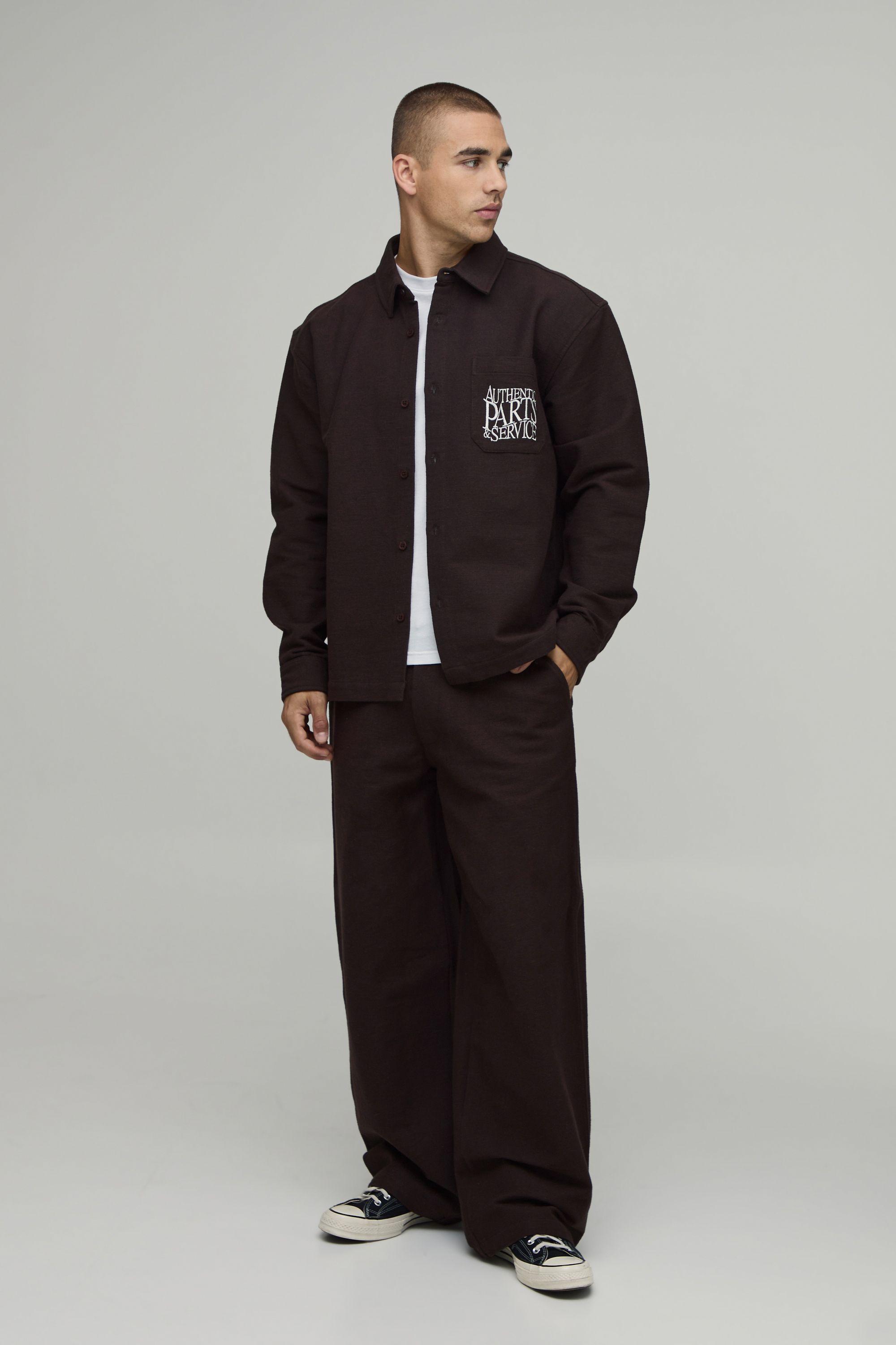 Textured Twill Embroidered Oversized Overshirt & Baggy Trouser Set by BOOHOOMAN