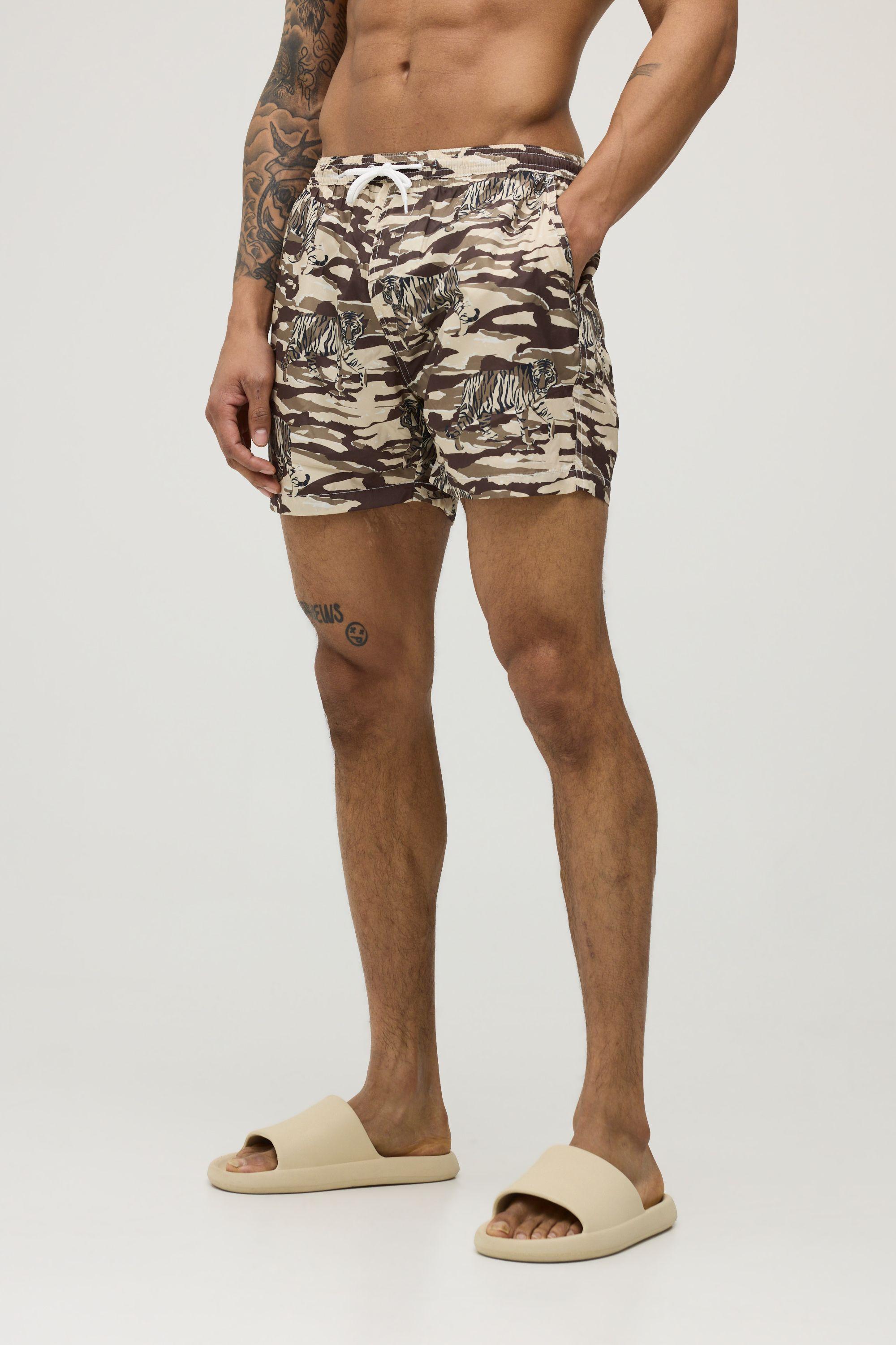 Tiger Print Short Length Swim Short by BOOHOOMAN