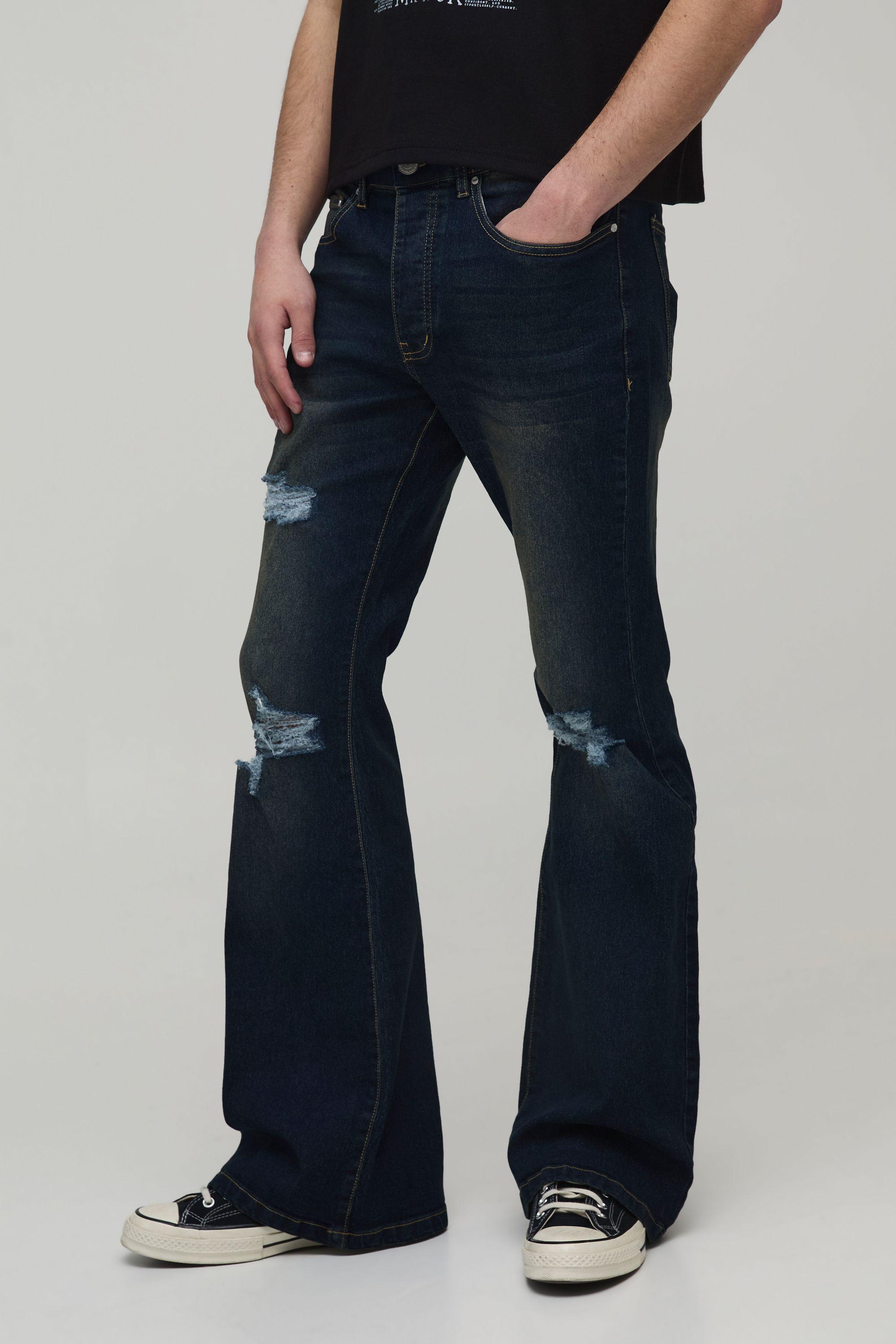 Tinted Ripped Knee Stretch Flared Jeans by BOOHOOMAN