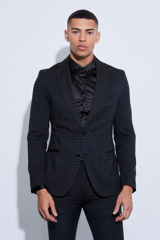 Tonal Houndstooth Single Breasted Jacket by BOOHOOMAN