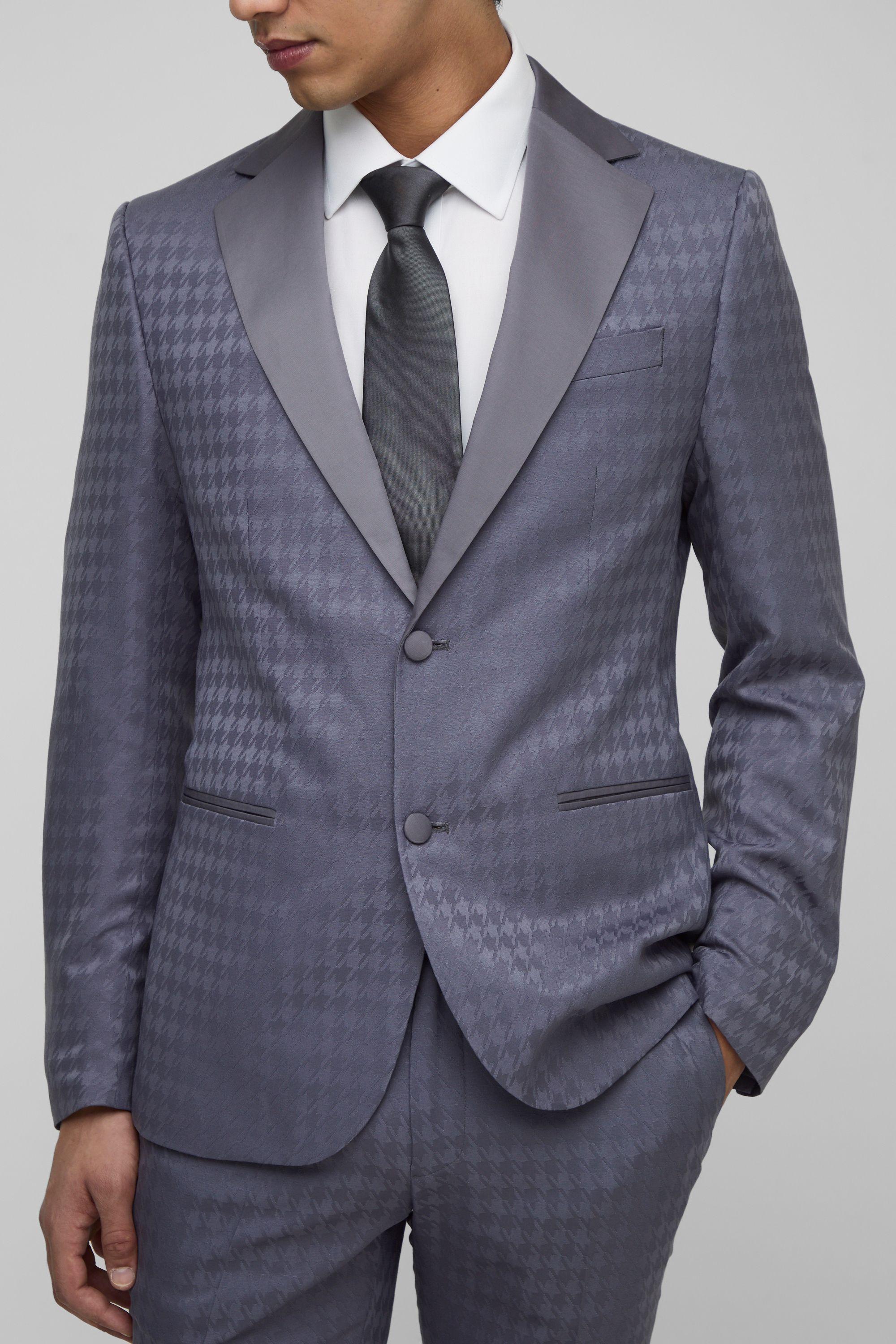 Tonal Houndstooth Slim Fit Single Breasted Jacket by BOOHOOMAN