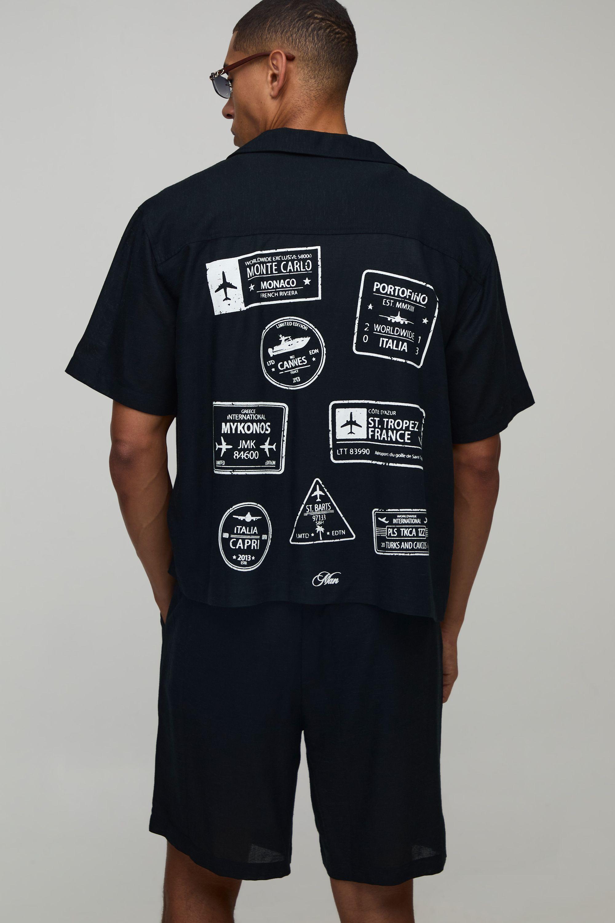 Travel Stamp Linen Blend Regular Fit Short Set by BOOHOOMAN
