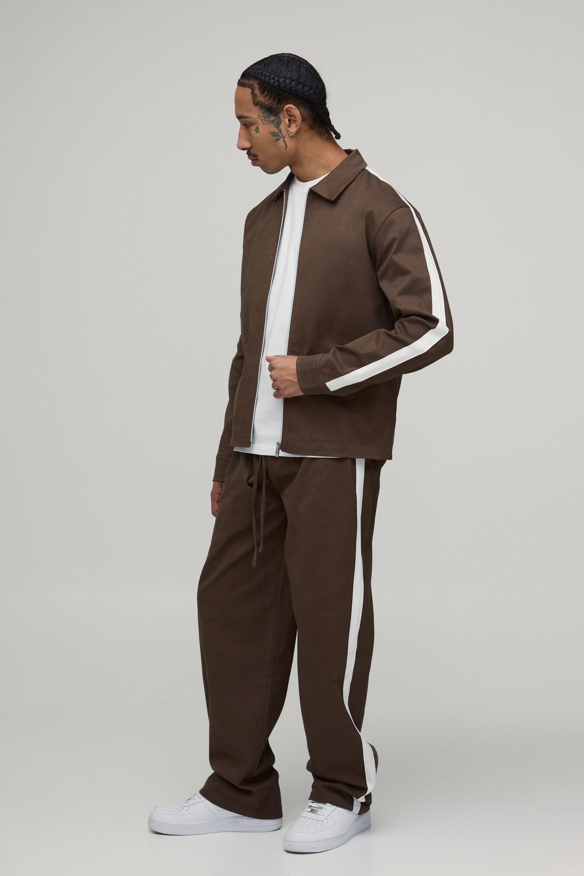 Twill Contrast Tape Regular Zip Up Overshirt & Relaxed Chino Set by BOOHOOMAN