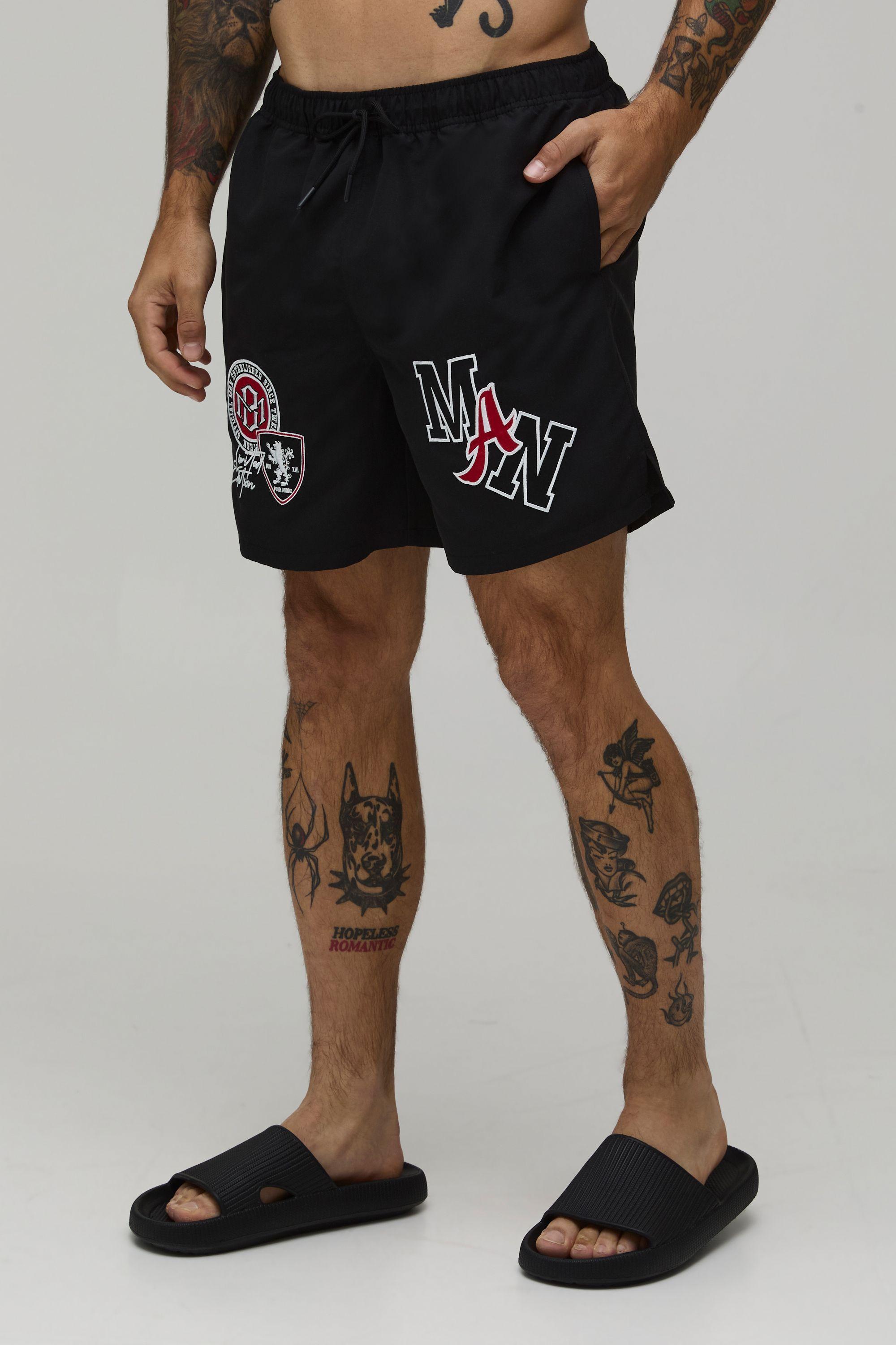 Varsity Badge Mid Length Swim Short by BOOHOOMAN