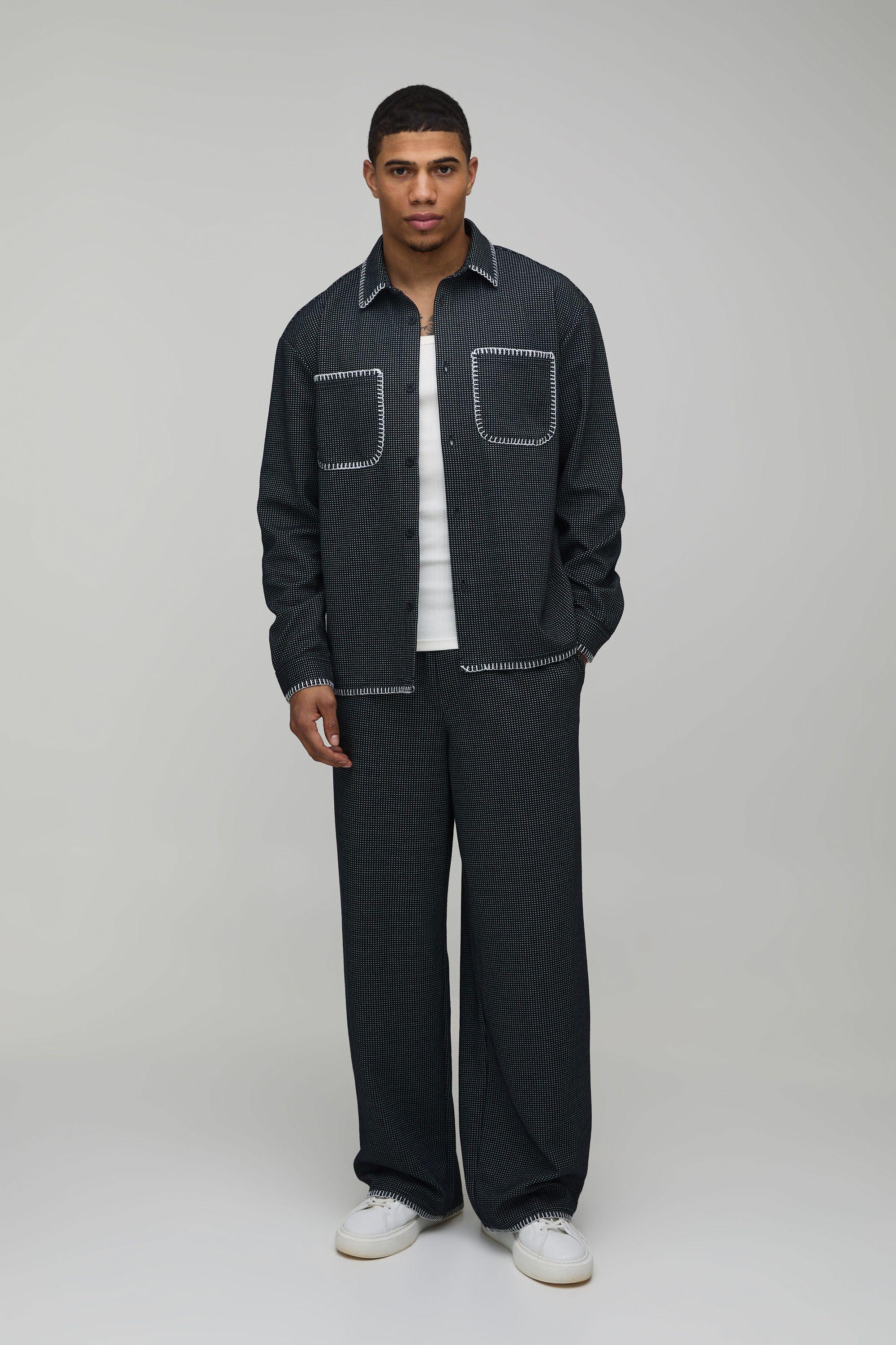 Waffle Contrast Stitch Oversized Shirt & Baggy Trouser Set by BOOHOOMAN