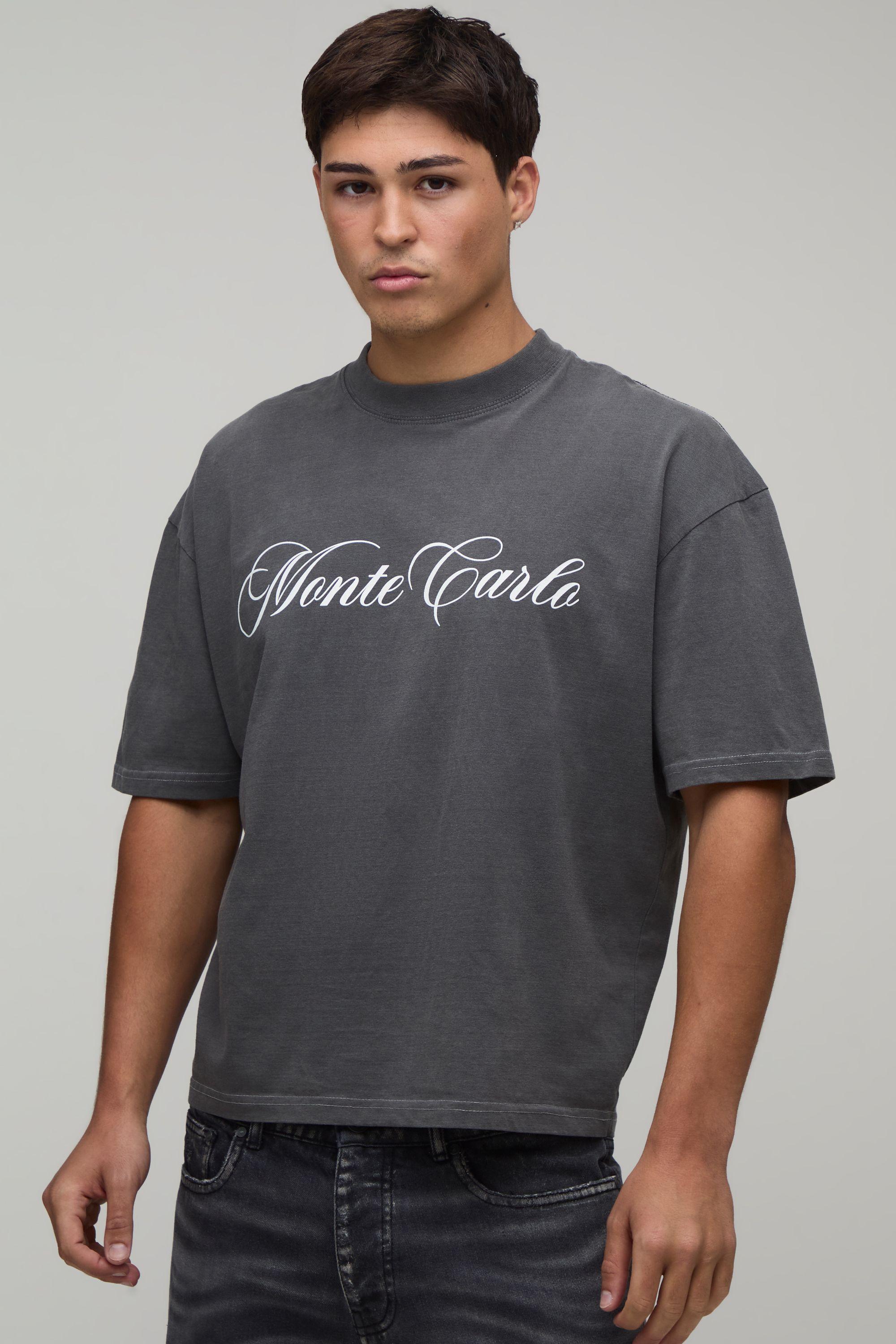Washed Black Oversized Boxy Monte Carlo Print T-Shirt by BOOHOOMAN
