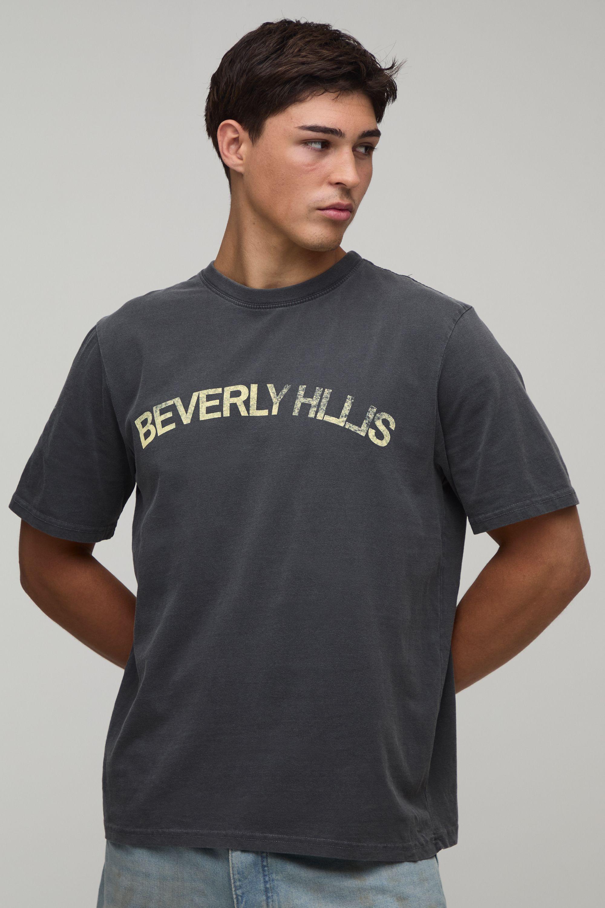 Washed Black Regular Beverly Hills Print T-Shirt by BOOHOOMAN
