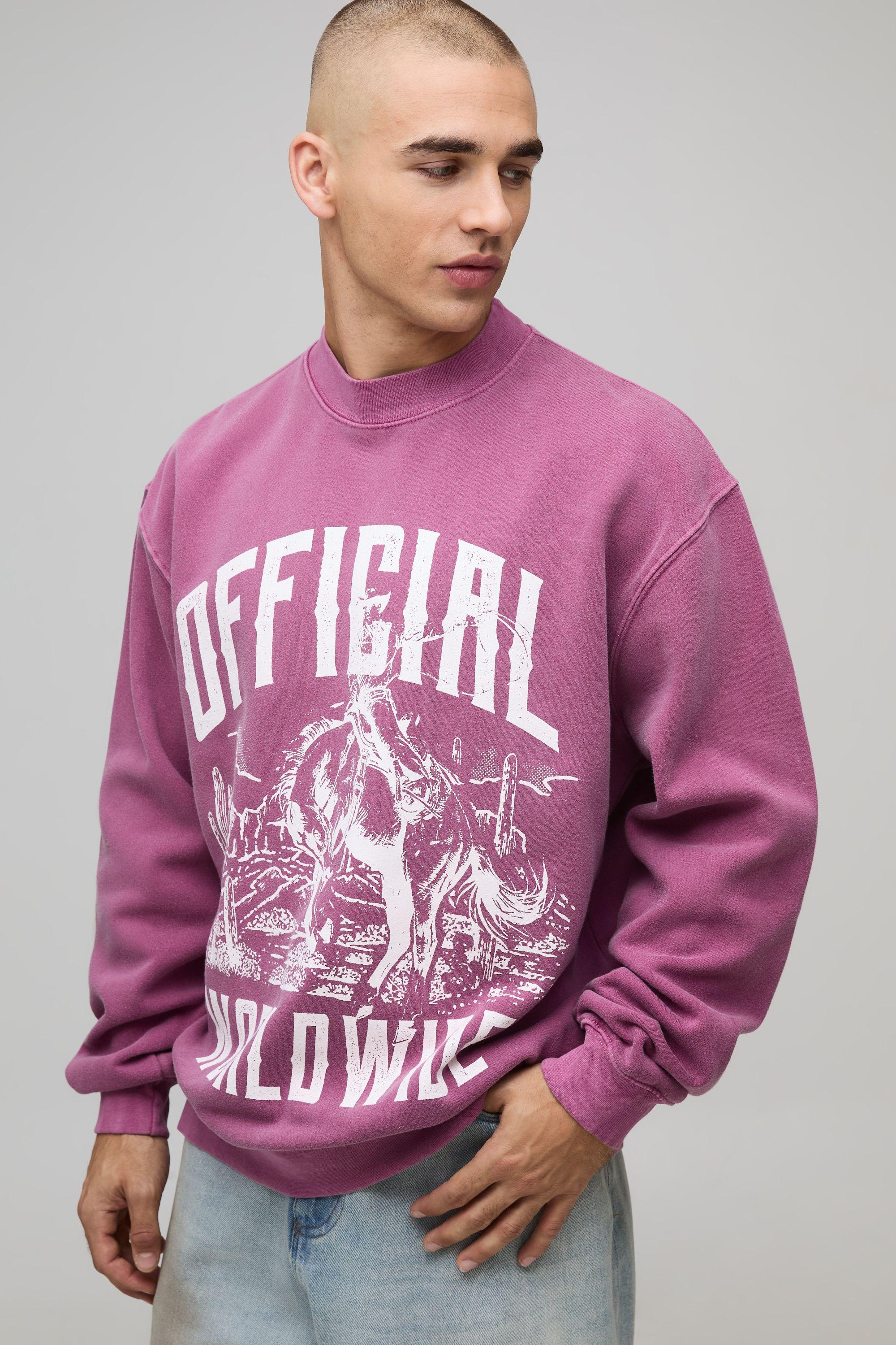 Washed Burgundy Oversized Boxy Western Print Extended Neck Sweatshirt by BOOHOOMAN